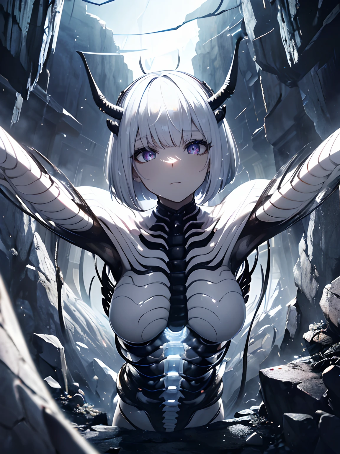 (masterpiece,best quality,ultra-detailed),1girl,smirk, insect body,(white body centipede creature),insectoid,(centipede creature body), beautiful and detailed face, detailed eyes,bob cut,silver hair,insane void, glowing eyes,(grey theme),in a dark cave,ancient temple,