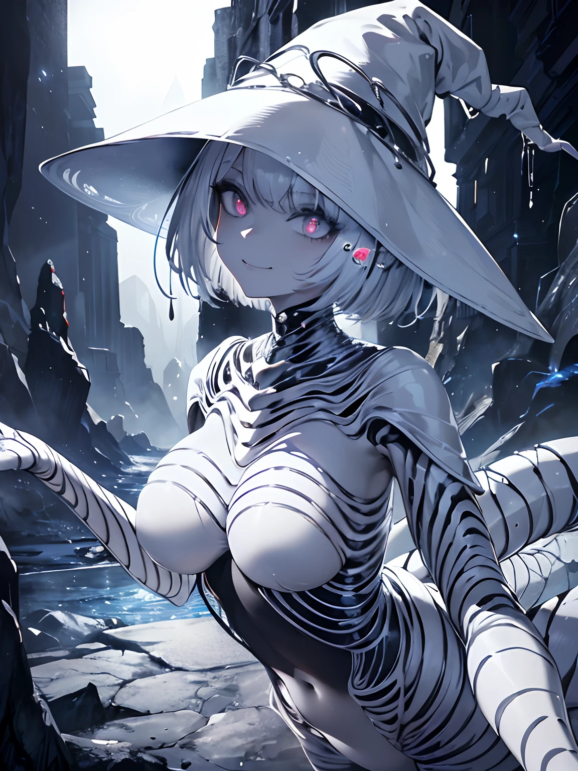 (masterpiece,best quality,ultra-detailed),1girl,smirk, insect body,(white body centipede creature),insectoid,(centipede creature body), beautiful and detailed face, detailed eyes,bob cut,silver hair,insane void, glowing eyes,(grey theme),in a dark cave,ancient temple, witch hat, witch outfit