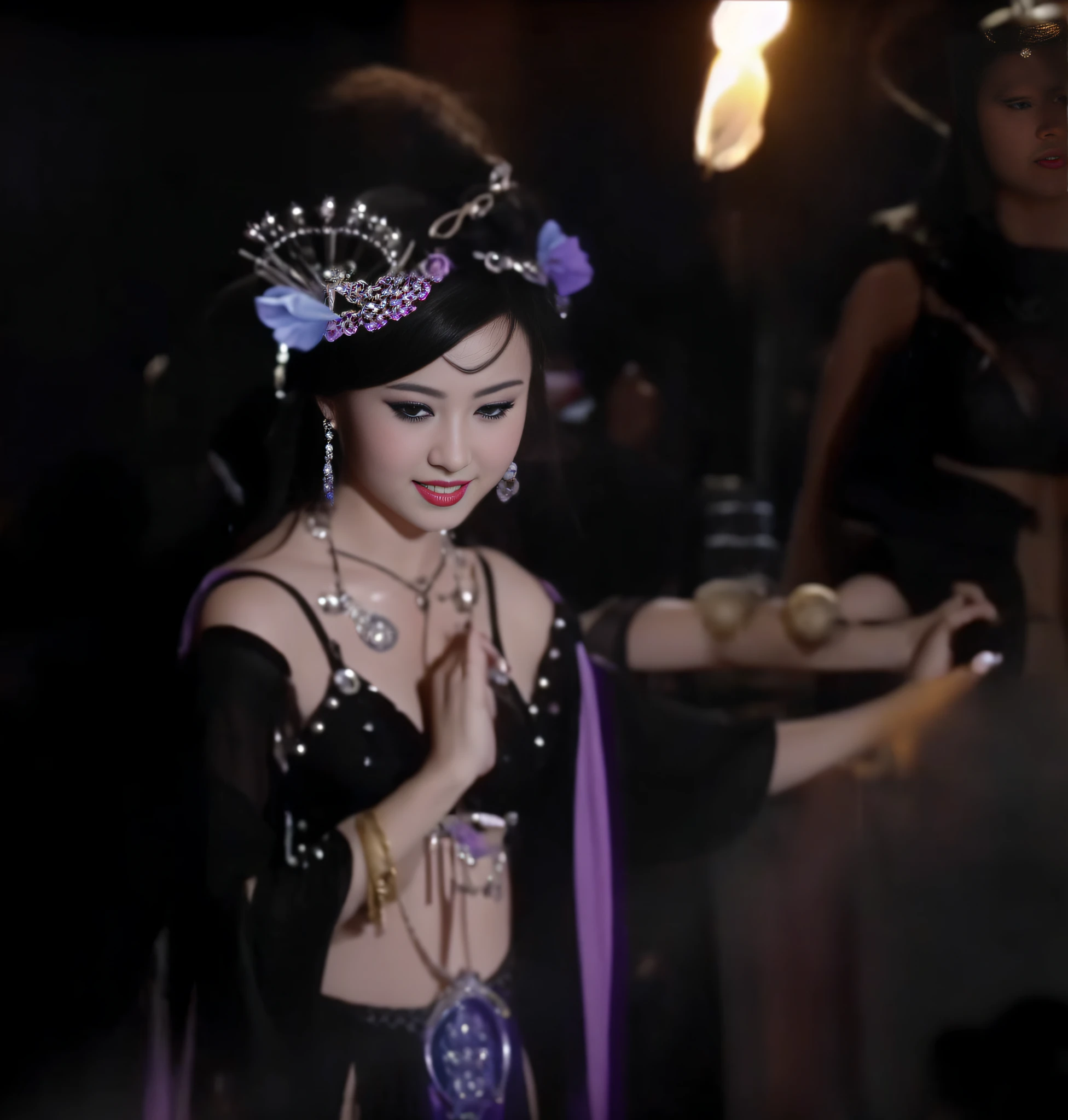 There is a witch succubus in a belly dancing bikini costume，heavy  makeups，Extra-long nails on both hands,Enchanting and sexy，seducing people， Black bra bikini belly dance costume，There are pendant decorations under the bikini，cropped shoulders，open waist，Bare neck，Eyes seductive，climaxing，Big chest，The right hand is in front of the chest，Right-handed Buddhist gesture，There is hooked hair on the right cheek，Both hands have yellow bracelets on their wrists，With beaded video and purple band，scene from kagemusha, submerged temple dance scene, fantasy movie still, japanese horror movie footage, 1080p， movie screencap,  Underworld dancer, goth people dancing, movie screen shot