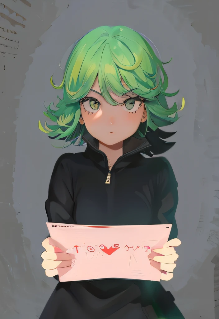 Chica de anime con cabello verde con los brazos extendidos entregando una carta de amor en una ciudad, Tatsumaki, Anime style, Moe Artstyle, sonrojada, enamorada