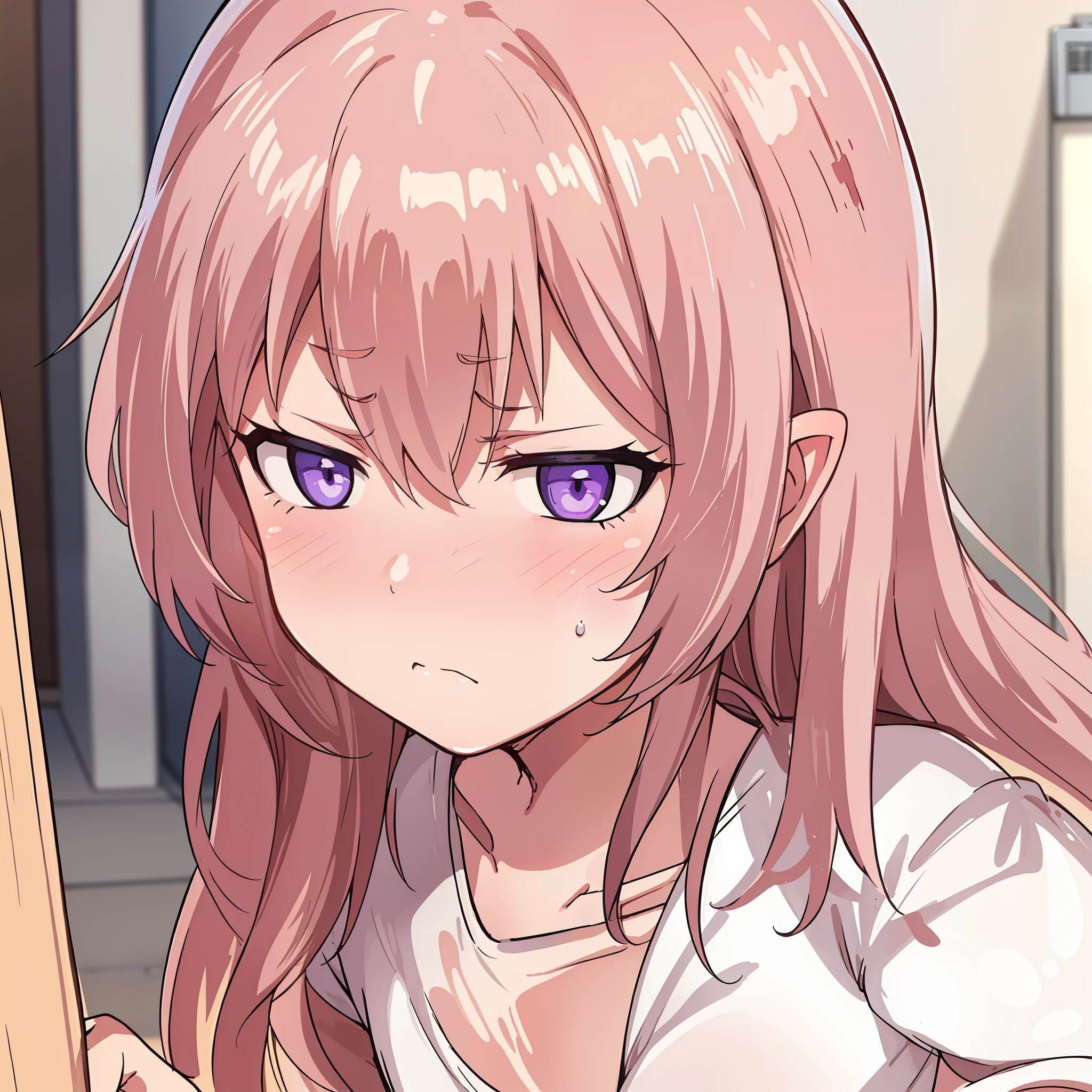 A girl. rose hair. white tshirt. frowning face. violet eyes. furrowed brow. lowered eyes. against the background of the hallway of the room