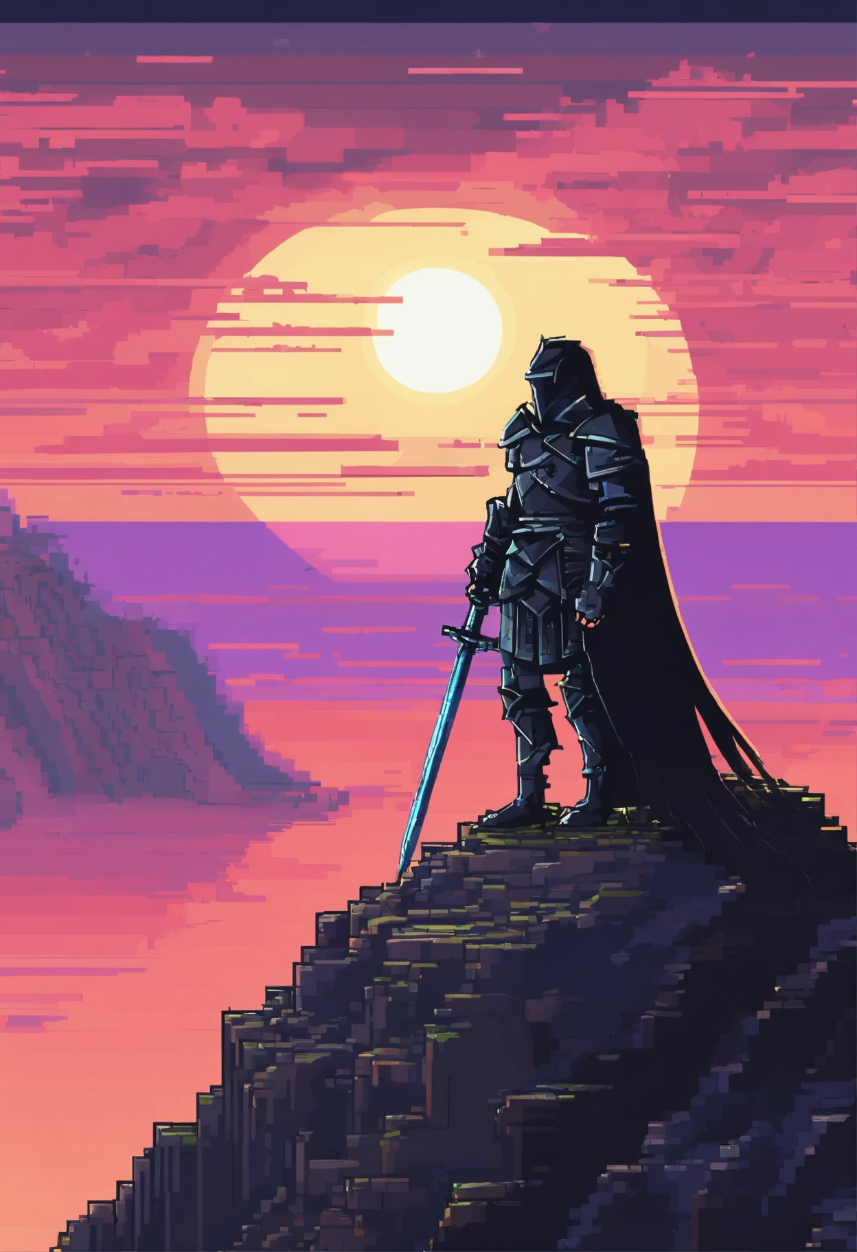 knight, wearing black armor made of technological and magical elements, looking at a devastated and melancholic passage, 4K HD |, Night, cliff