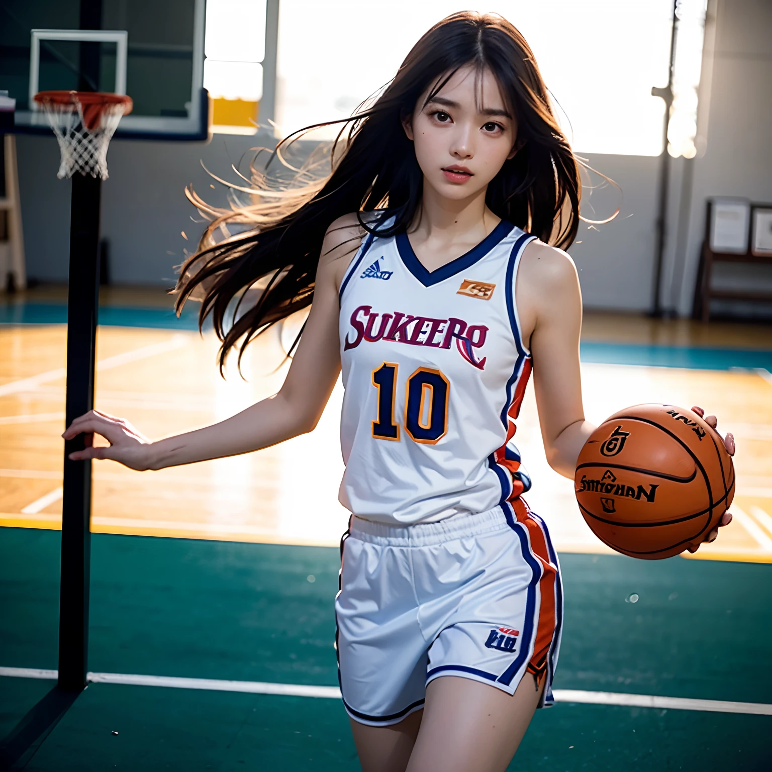 (8k, best quality, masterpiece:1.2), (realistic, photo-realistic:1.37), ultra-detailed,best quality, ultra high res, professional lighting, photon mapping, radiosity, physically-based rendering, cinematic lighting, basketball court,depth of field, sharp focus,sunbeam, good composition,(bokeh:1.2) 1girl,solo,(full body), (closed mouth),beautiful detailed eyes, pose, narrow waist,basketball uniform, black hair,messy hair,long hair floating in wind,(ulzzang-6500:1.2)
 mix4, hiqcgbody