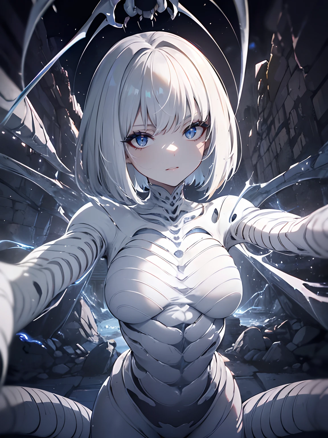 (masterpiece,best quality,ultra-detailed),1girl,smirk, insect body,(white body centipede creature),insectoid,(centipede creature body), beautiful and detailed face, detailed eyes,bob cut,silver hair,insane void, glowing eyes,(grey theme),in a dark cave,ancient temple,white shirt,cardigan