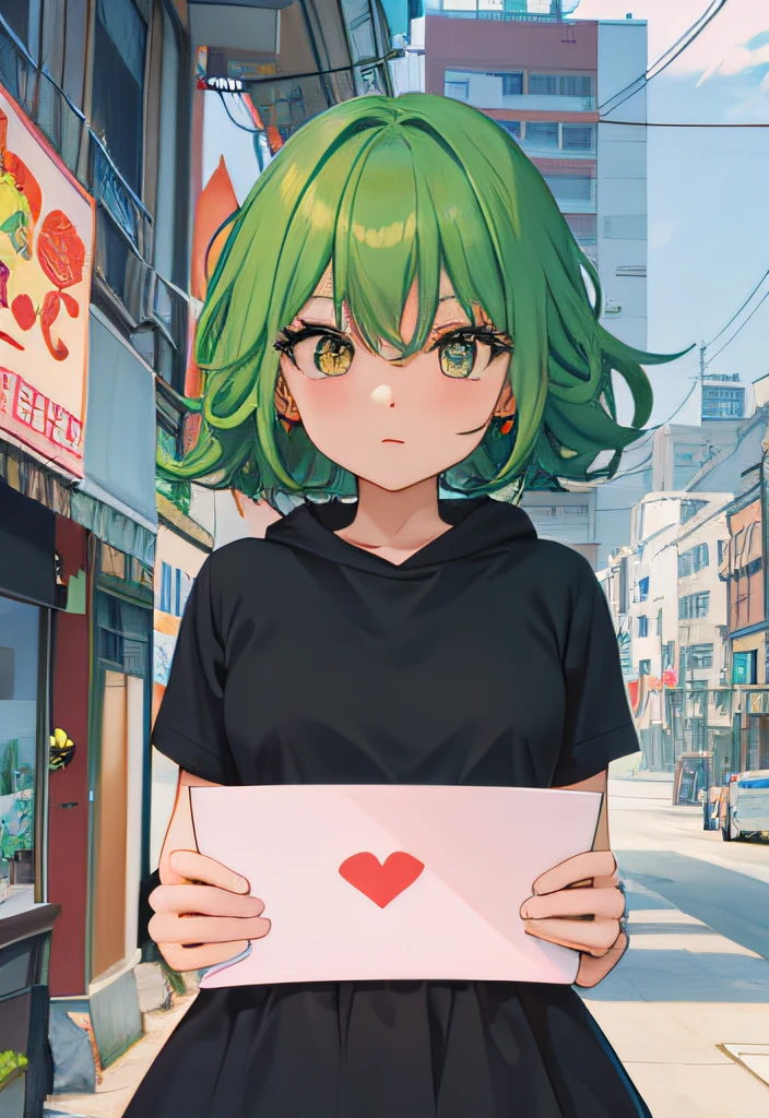 Chica de anime con cabello verde con los brazos extendidos entregando una carta de amor en una ciudad, Tatsumaki, Anime style, Moe Artstyle, sonrojada, enamorada