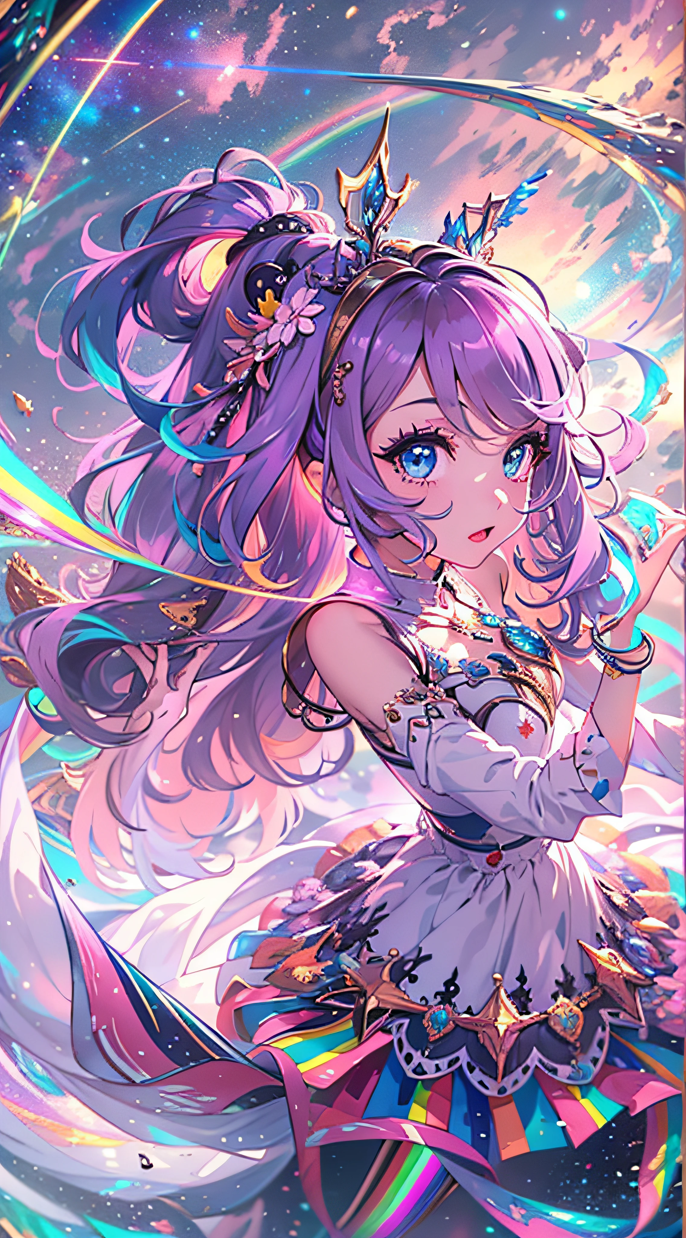 (best quality,4k,Altas,master part:1.2), Realistic, estilo anime, 1girl, belos olhos detalhados, beautiful detailed lips, long eyelashes, atmosfera de sonho, cosmic phenomenon, dancing stars, giant colored rainbow, cores vibrantes, colorfull sky, nuvem fofa, Superb dinner, fantasia, magica, Inspirador, surreal, anime wallpaper