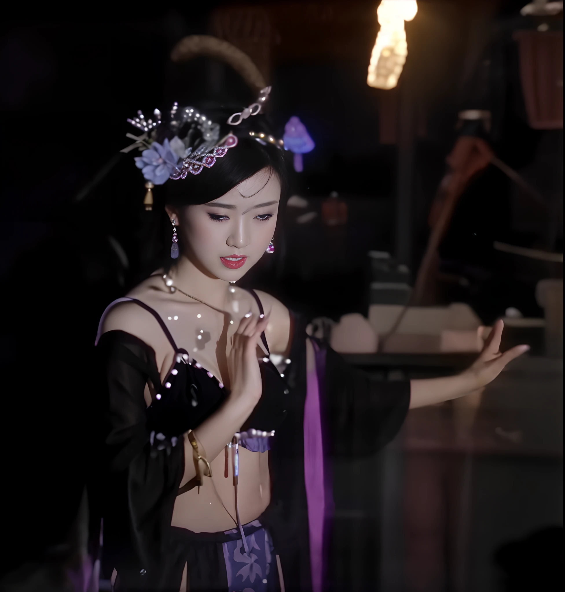 There is a witch succubus in a belly dancing bikini costume,heavy makeups,Extra-long nails on both hands,Enchanting and sexy,seducing people, Lewd expression,Black bra bikini belly dance costume,There are pendant decorations under the bikini,cropped shoulders,open waist,Bare neck,Eyes seductive,climaxing,Big chest,The right hand is in front of the chest,Right-handed Buddhist gesture,There is hooked hair on the right cheek,Both hands have yellow bracelets on their wrists,With beaded video and purple band,scene from kagemusha, submerged temple dance scene, fantasy movie still, japanese horror movie footage, 1080p, movie screencap, Underworld dancer, goth people dancing, movie screen shot
