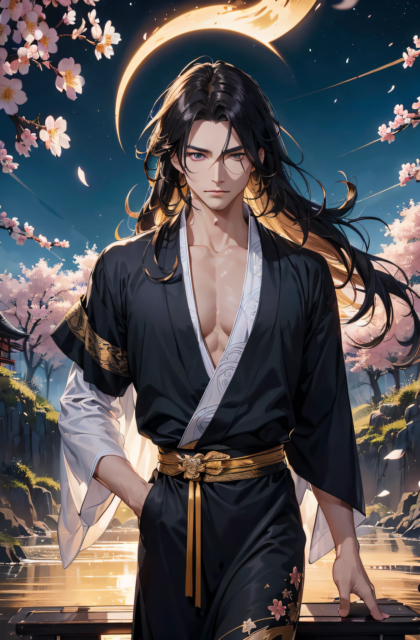 (Meisterwerk), best quality, ultra-high resolution, ((Ein Mann)), masculine, elegant, (japanischer Gott), Tsukuyomi, ausdrucksstarke Augen, Perfektes Gesicht, half body, Blick auf den Betrachter, dutch angle, Cowboy erschossen, (sehr langes, schwarzes, flowy hair), (Goldene Augenfarbe), stattlich, night time, Mondsichel, (Japanische Kleidung), (schwarz-blauer Kimono), (Extrem detaillierte Kleidung), cherry blossoms, Dynamisches Licht, Beautiful colors, Milky Way, FESTPLATTE