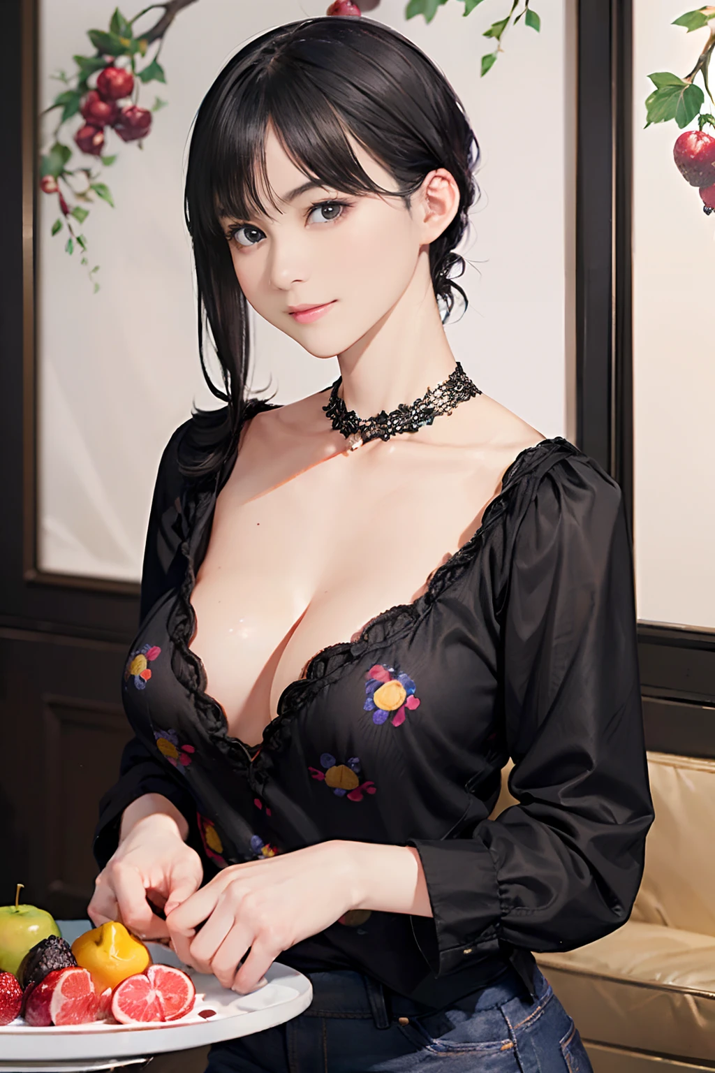 (Black Shorthair:1.3), (a 20 yo woman), (A hyper-realistic), (masutepiece), (8KUHD), Looking at the camera, jeans, (Clothes with fruit pattern:1.3), large full breasts, (living dining)