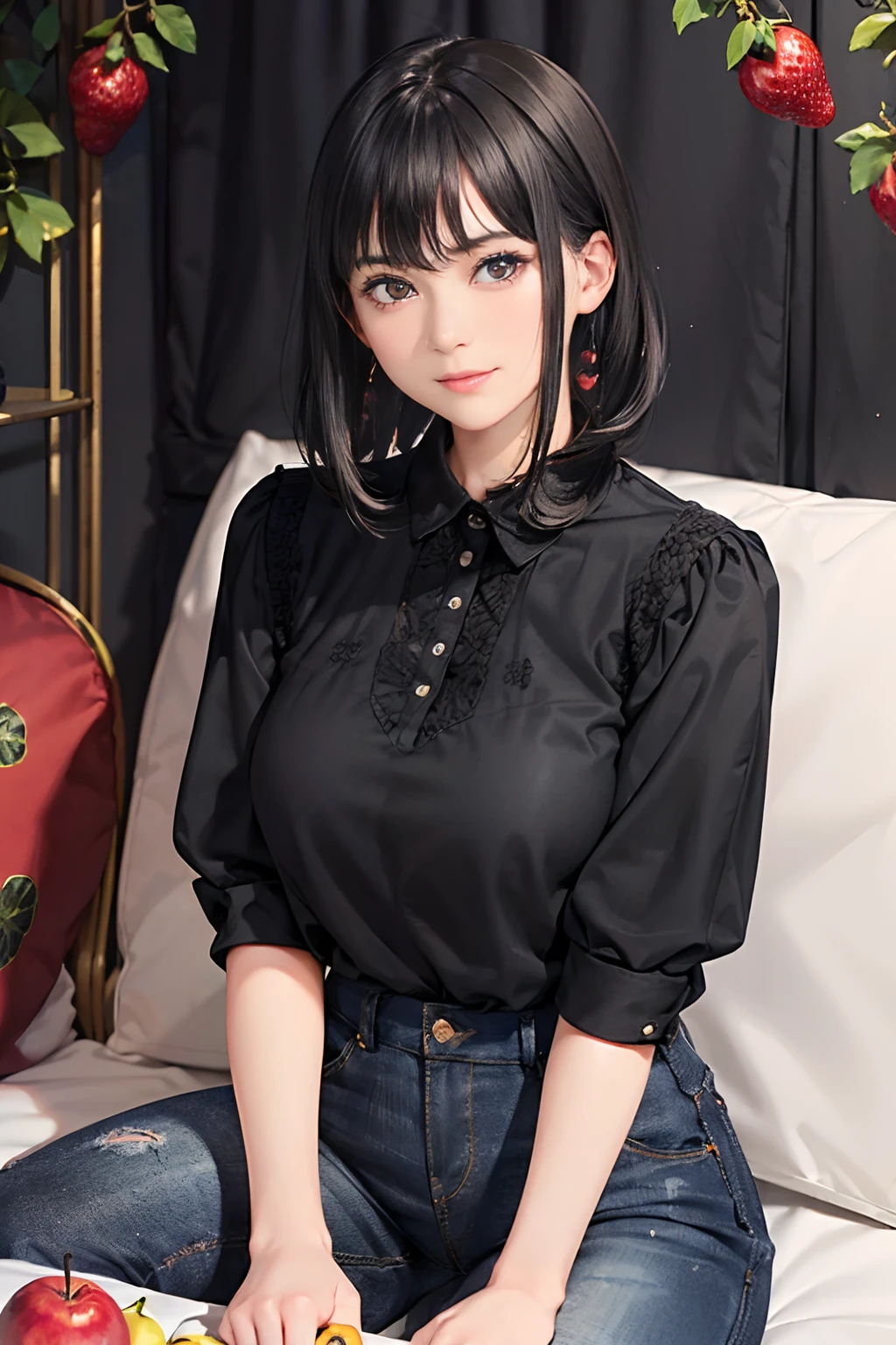 (Black Shorthair:1.3),  (a 20 yo woman), (A hyper-realistic), (masutepiece), (8KUHD), Looking at the camera, jeans, (Clothes with fruit pattern:1.3), large full breasts, (living dining)