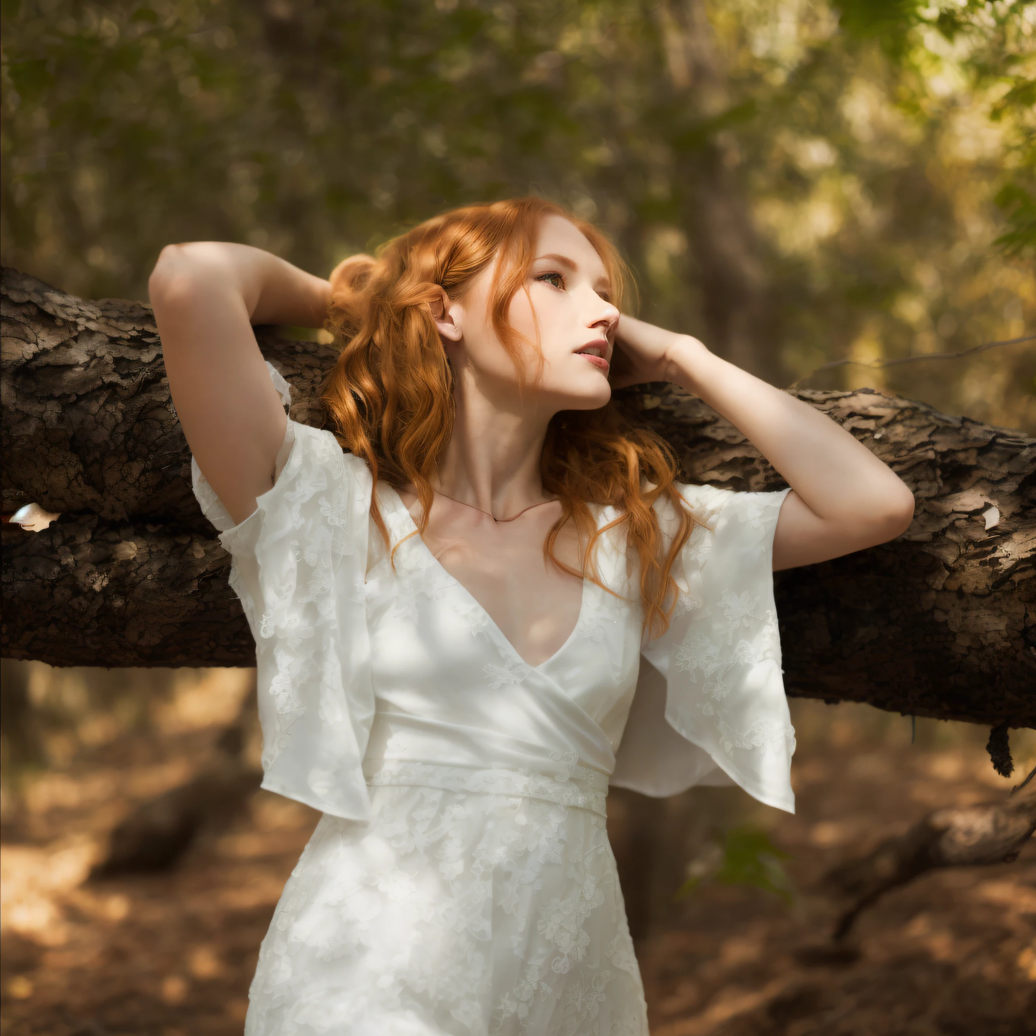 ((best quality)), ((masterpiece)), ( extreme detailed, highest detailed, official art, beautiful and aesthetic:1.2), young women, (medium breast size), in white dress, standing in forest with tree branch, sadie sink, anna nikonova aka newmilky, a redheaded young woman, nico wearing a white dress, ellie bamber fairy, modeling photography, red haired goddess, nature goddess, wearing a white folkdrakt dress, next to a tree, a beautiful woman in white, redhead woman,