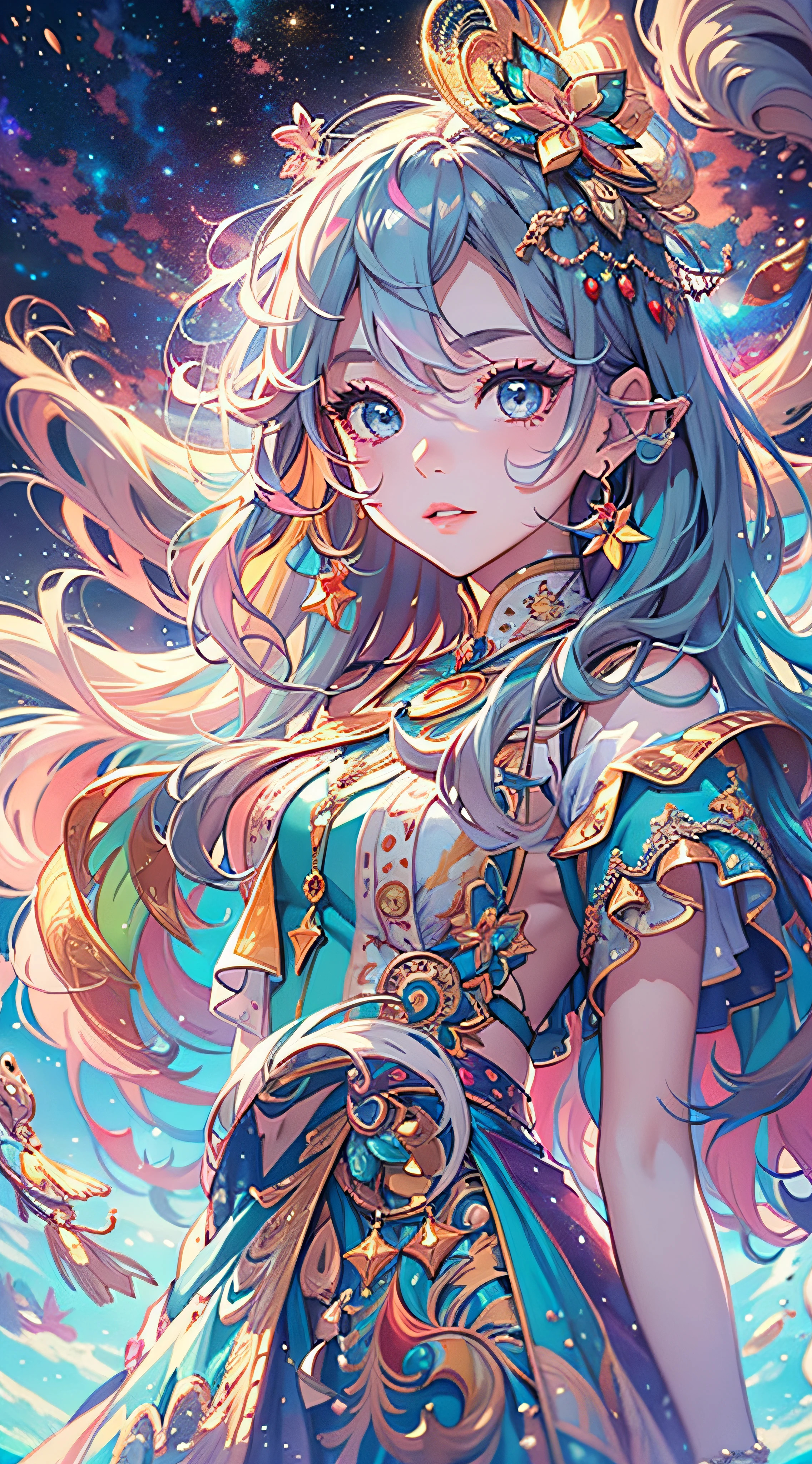 (best quality,4k,Altas,master part:1.2), Realistic, estilo anime, 1girl, belos olhos detalhados, beautiful detailed lips, long eyelashes, atmosfera de sonho, cosmic phenomenon, dancing stars, giant colored rainbow, cores vibrantes, colorfull sky, nuvem fofa, Superb dinner, fantasia, magica, Inspirador, surreal, anime wallpaper