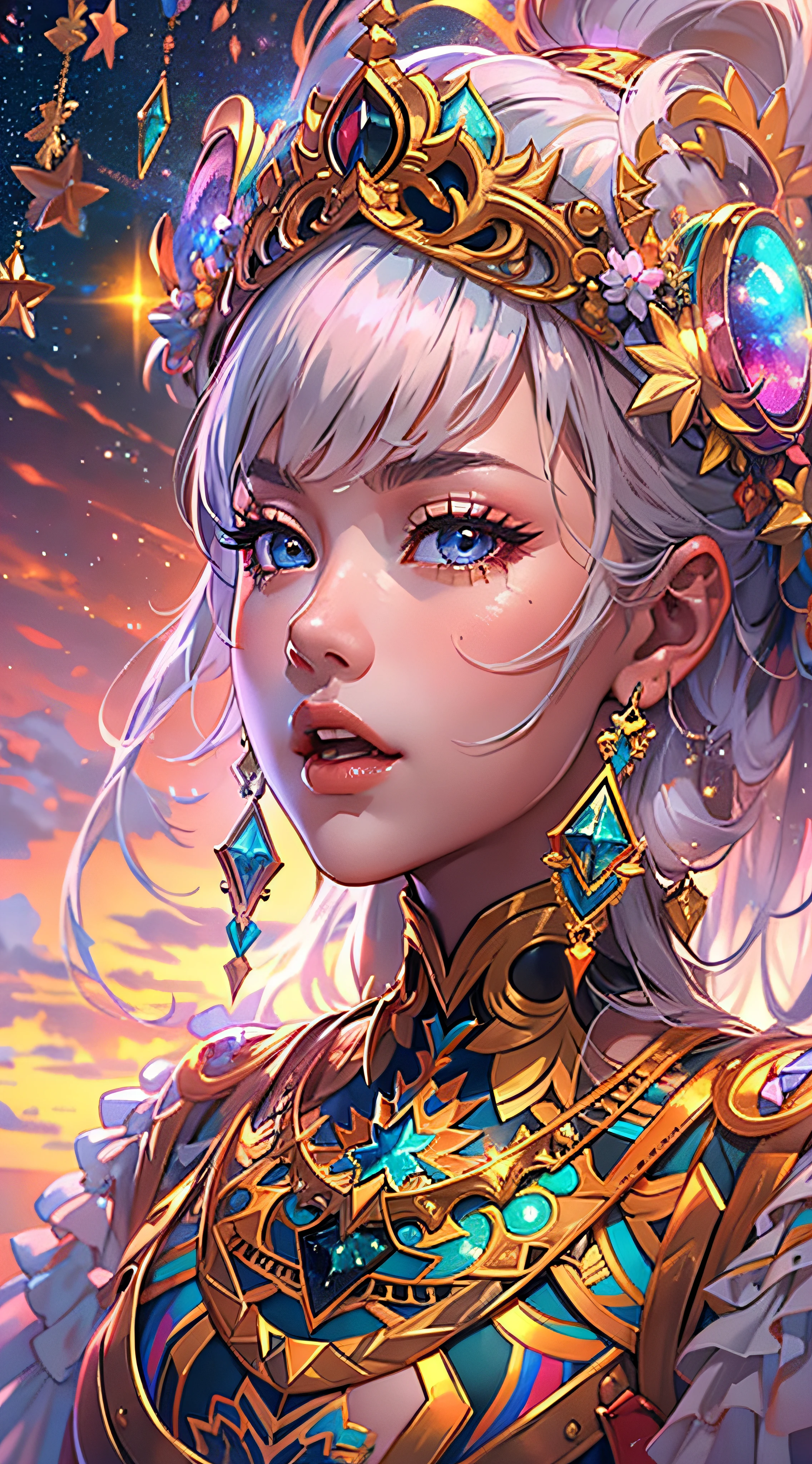 (best quality,4k,Altas,master part:1.2), Realistic, estilo anime, 1girl, belos olhos detalhados, beautiful detailed lips, long eyelashes, atmosfera de sonho, cosmic phenomenon, dancing stars, giant colored rainbow, cores vibrantes, colorfull sky, nuvem fofa, Superb dinner, fantasia, magica, Inspirador, surreal, anime wallpaper