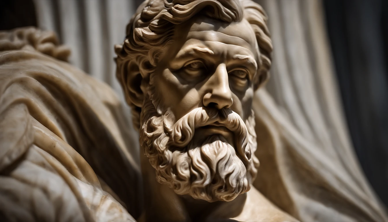 a close up of a statue of a man with a beard, A marble sculpture of Seneca, classical realism, macho, marble carving, Chiaroscuro