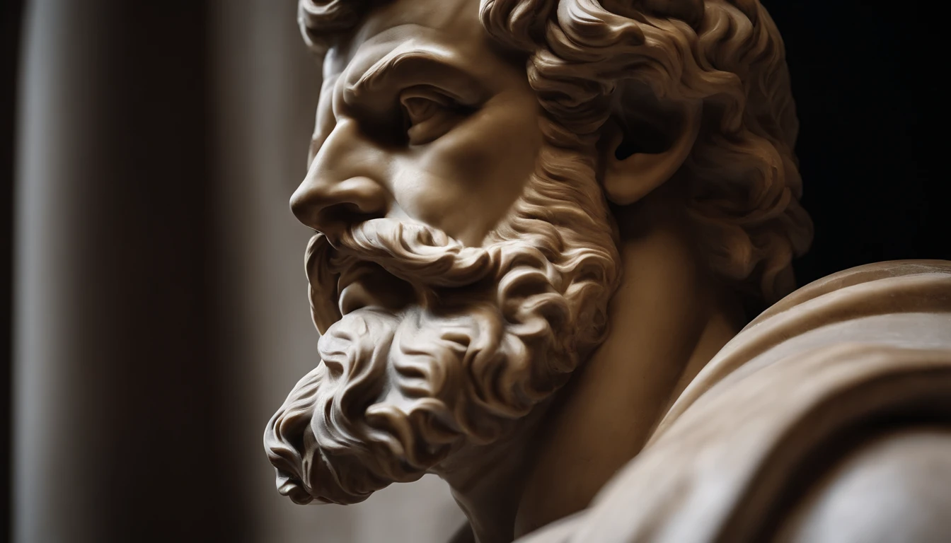 a close up of a statue of a man with a beard, A marble sculpture of Seneca, classical realism, macho, marble carving, Chiaroscuro