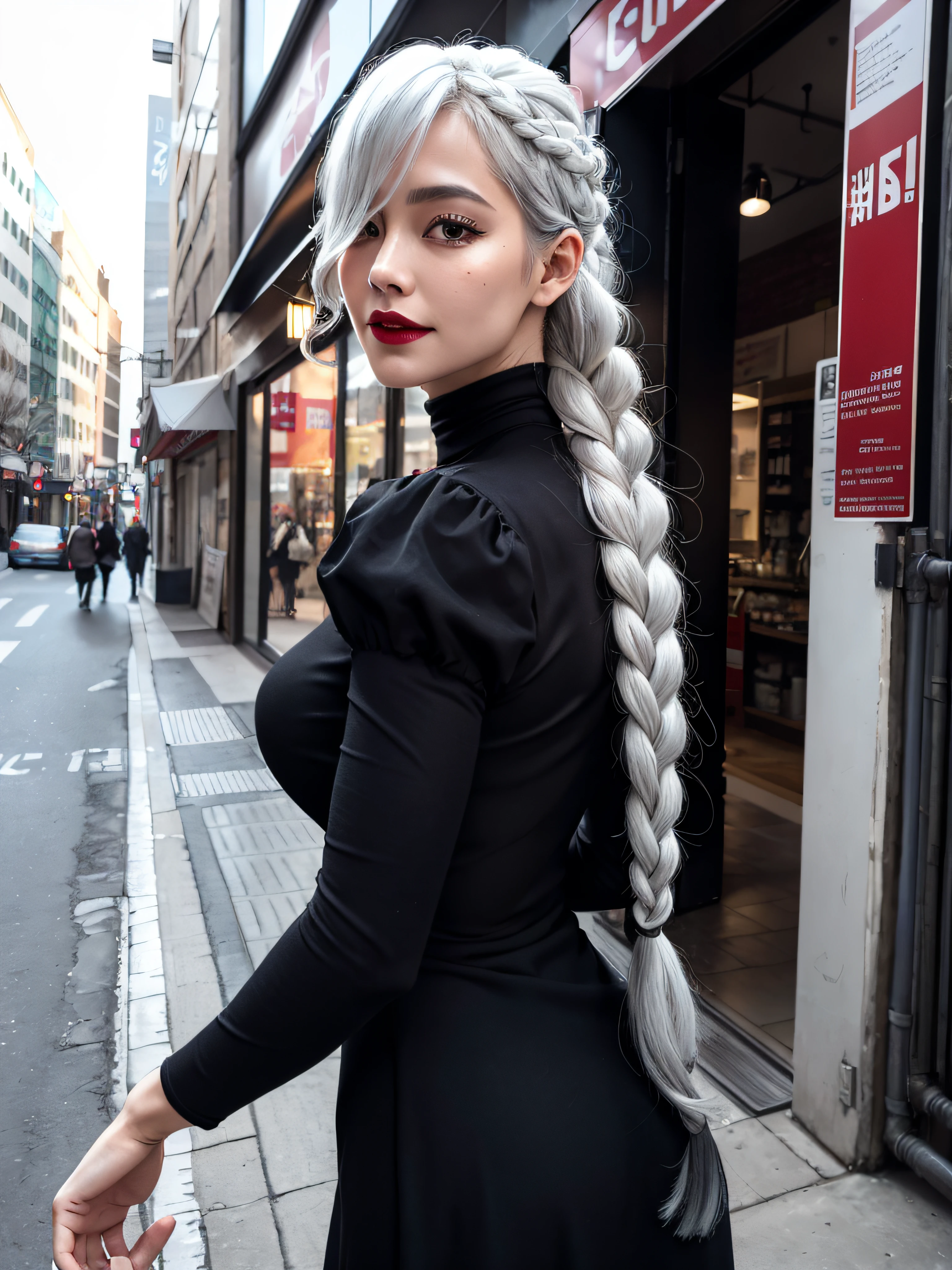 ultra realistic 8k cg, masterpiece, ((ultra detailed background, delicate pattern, intricate detail)), (highly detailed, fine details), best quality, 1girl, (photorealistic:1.4),beautiful lighting, absurdres, RAW photo, film grain, ((medium breasts, slim girl)), 1girl, MeiMei, solo, long hair, braid, dress, hair over one eye, smile, long sleeves, braided bangs, black dress, braided ponytail, white hair, puffy sleeves, holding, turtleneck dress, makeup, grey hair, red lips, one eye covered, lipstick, parted lips, single braid, (complex detailed background, outside, urban environment, cowboy shot, from behind),