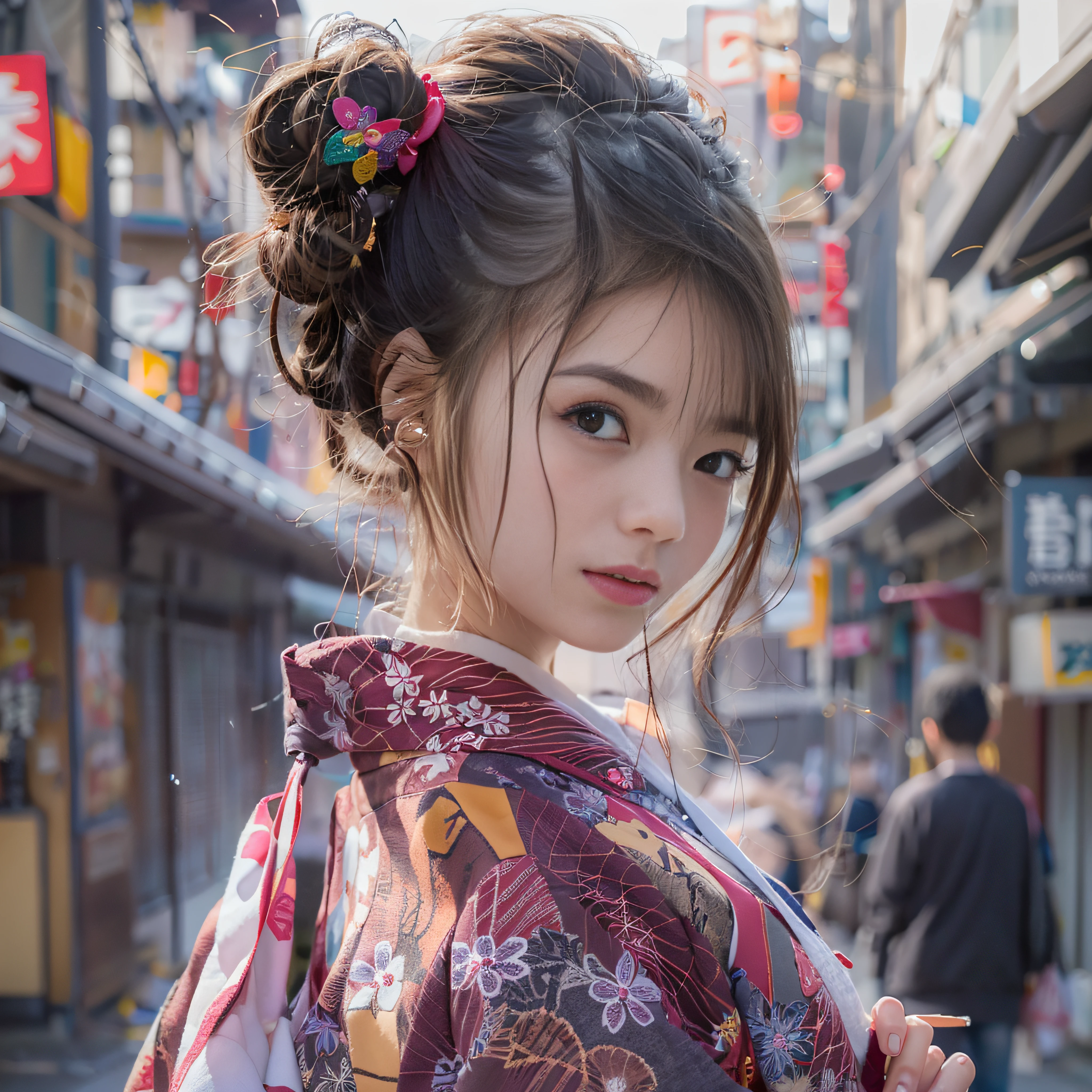 女の子1人、on tokyo street、A city scape、The upper part of the body、wearing Japanese kimono、Turned、nape、Piercing with a kanzashi with hair up、a closeup、A smile、、(8K、Raw photography、top-quality、masterpiece:1.2)、(realisitic、photoRealstic:1.37)、Highly detailed eyelash drawing、(((Top image quality))),Colossal tits、Fine skin, (Beautiful hair), (Perfect Anatomy), (Realistic), (Dynamic Angle), Pose Seductive,Perfect,Sensual look、top-quality、hight resolution、