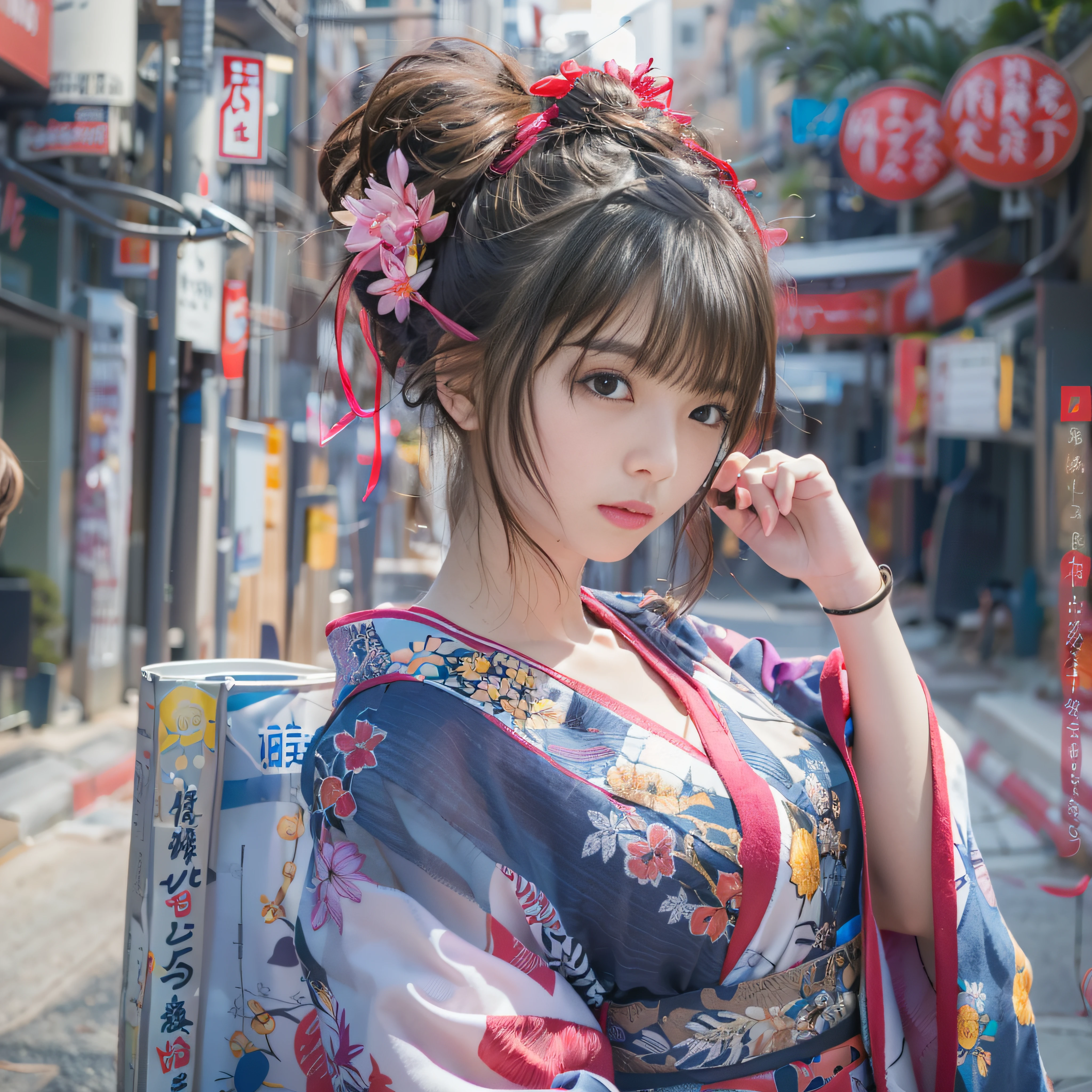 morning、Girl walking on a road parallel to the railroad tracks、You can see the sea in the background, I see the train、( hair adornments、耳Nipple Ring、Floral hair ornament、butterfly hair ornament)、 Fuji Film, F/4.0, masutepiece, Anatomically correct、A smile, radiant light、Shinkai Makoto style