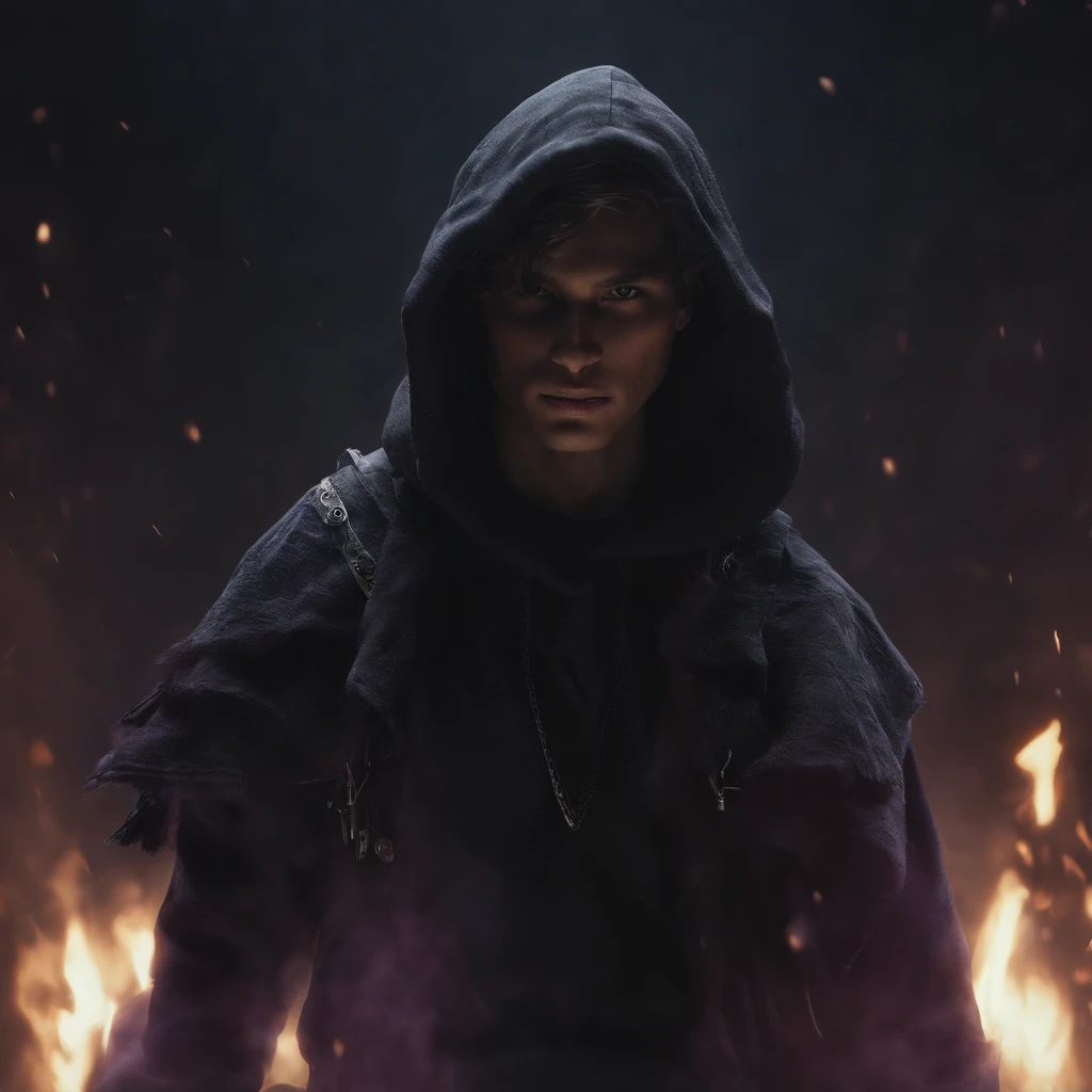 Anime boy,Wearing a hoodie,holding daggers,battle pose,highest quality digital art, surrounded by shadow warrios,black and purple,dark,shadow master, Stunning art, wallpaper 4k,8k,64k, HD, unparalleled masterpiece, dynamic lighting, cinematic, epic