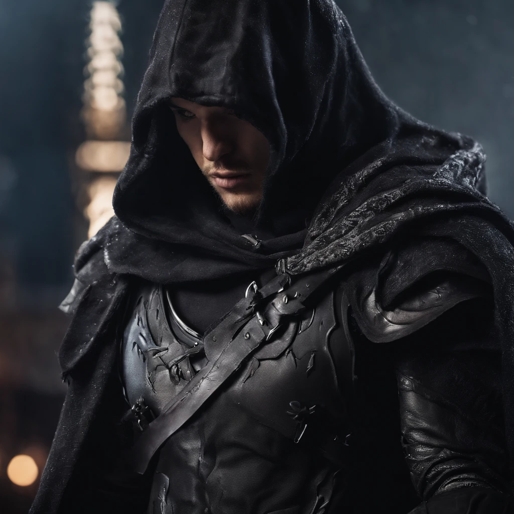 Anime boy,Wearing a hoodie,holding daggers,battle pose,highest quality digital art, surrounded by shadow warrios,black and purple,dark,shadow master, Stunning art, wallpaper 4k,8k,64k, HD, unparalleled masterpiece, dynamic lighting, cinematic, epic