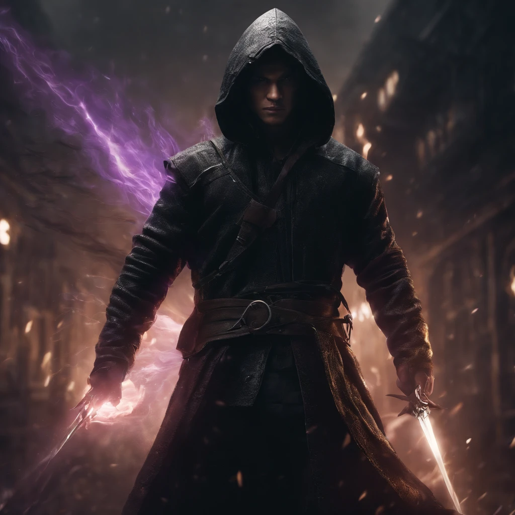 Anime boy,Wearing a hoodie,holding daggers,battle pose,highest quality digital art, surrounded by shadow warrios,black and purple,dark,shadow master, Stunning art, wallpaper 4k,8k,64k, HD, unparalleled masterpiece, dynamic lighting, cinematic, epic