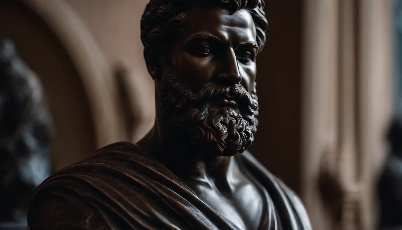 a closeup of a statue of a man with a short beard, a dark marble sculpture of young man with muscles, classical realism, macho, dark marble sculpture, Chiaroscuro