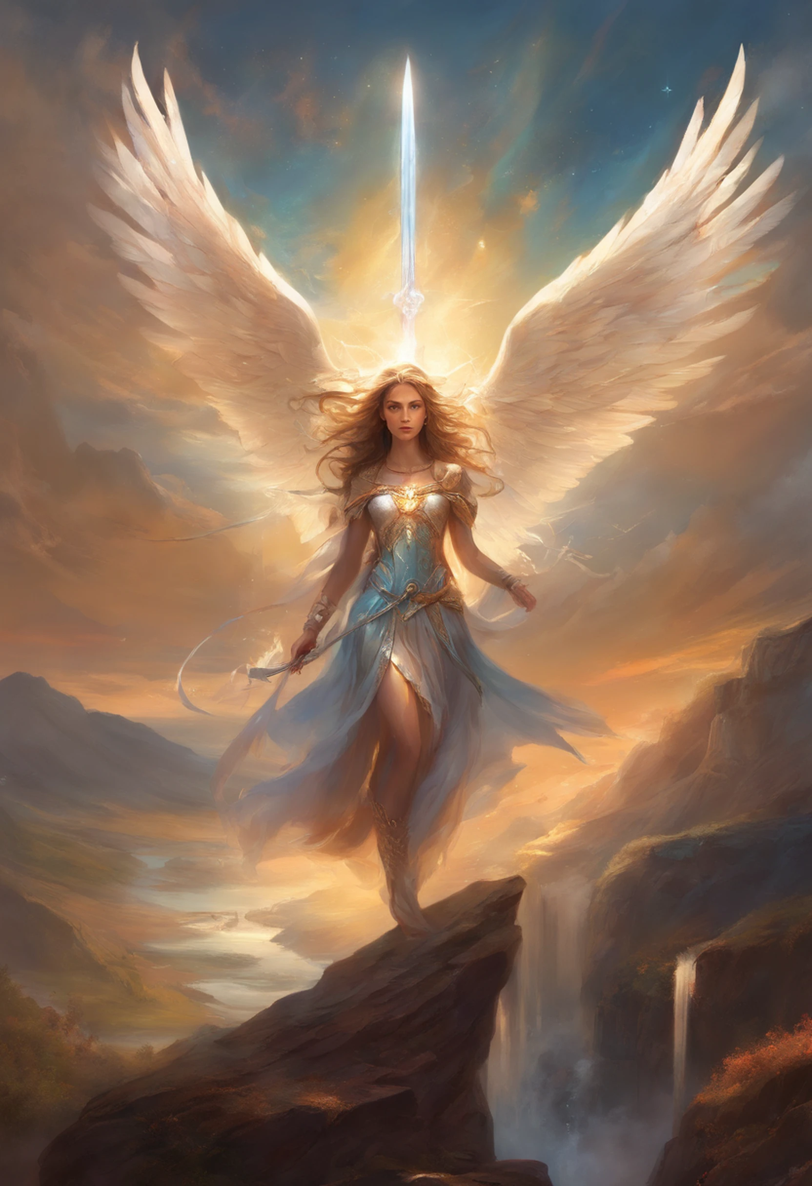 a far away landscape shot of a girl in causal clothing who's been reincarnated in spirit as an angel with beautiful wings, riding a buffalo, a beam of holy godray lights pieces falls gracefully from the heavens to bestow apon her whole being as she glows in the holy light and raises her holy sword with much power and strength