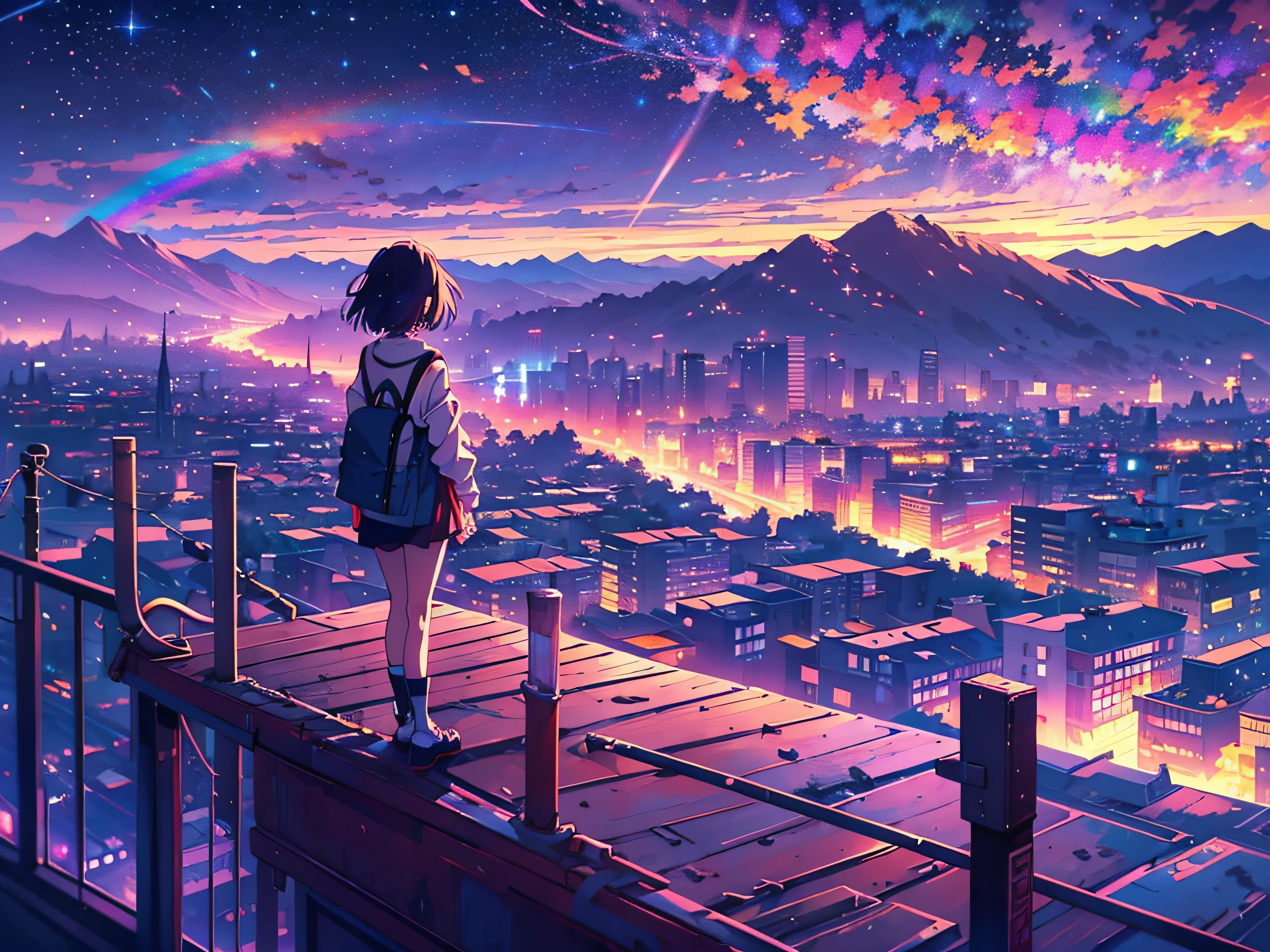 Anime girl standing on the roof looking at the night sky with stars and rainbow, Rainbow Starry Night, 4k anime wallpapers, Anime Wallpaper 4k, Papel de parede anime 4k, Anime Art Wallpaper 8K, Anime Art Wallpaper 4K, Anime Art Wallpaper 4K, estilo anime 4K, Makoto Shinkai Cirilo Rolando, 4 k manga wallpaper, anime wallpaper, paper awesome wallpaper, estrelas cadentes