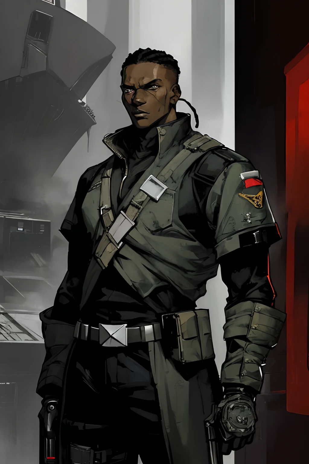 A badass black young man in long ragged futuristic military gear holding a gun, with a touch of blood and showcasing his skills as a soldier sci-fi. He also has short dreads. Best quality, (masterpiece), ( methurlant), (comic), y2k animation, intricate detail, smooth, (futuristic),