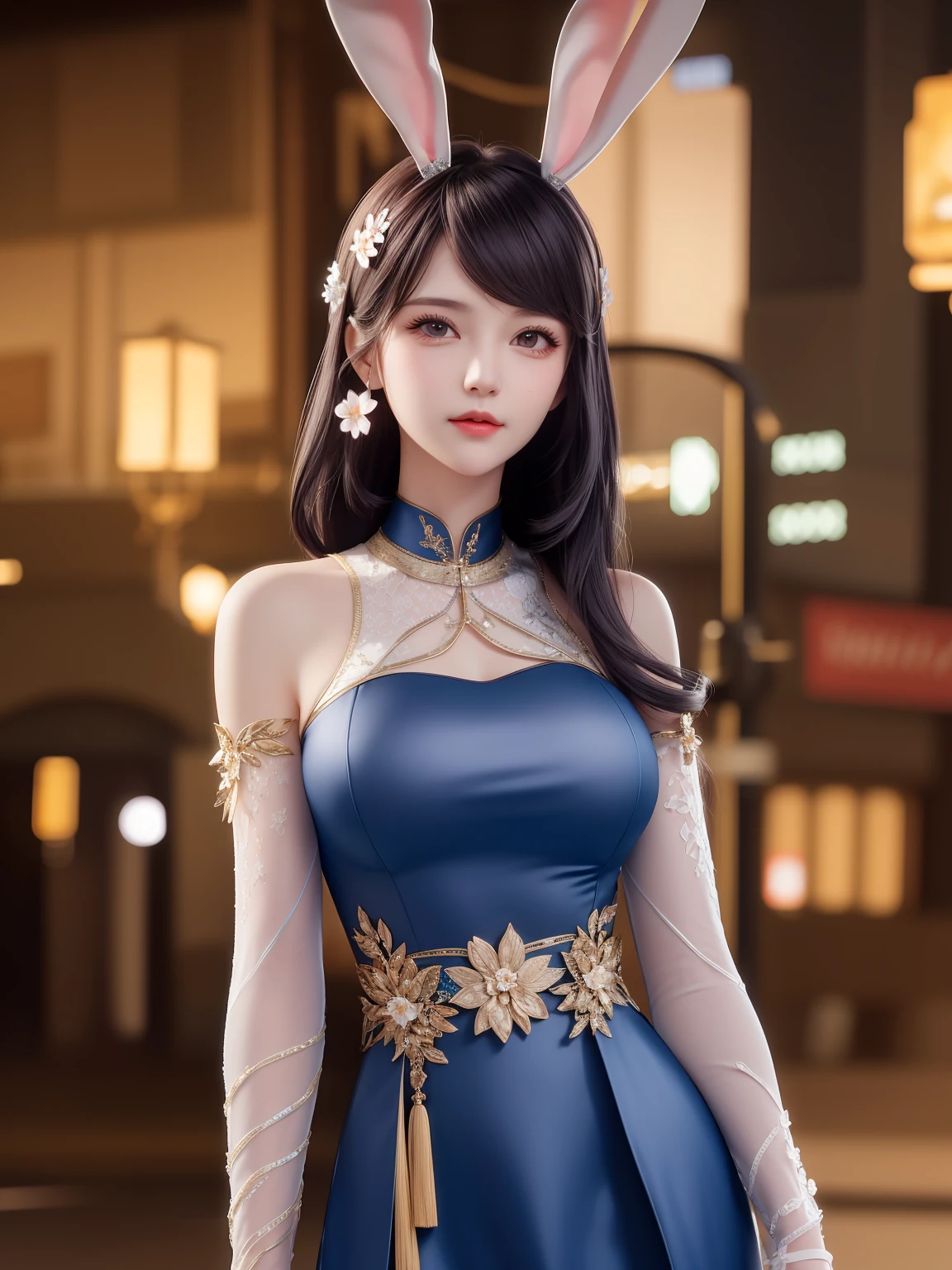 1girl,mature female, looking at viewer, cityscape, night, hair ornament, long hair, fake animal ears, skirt,shirt,clothing cutout, rabbit ears, detached sleeves,A lovely beautiful girl,lovely and delicate,Peerless beauty,Delicate hair accessories,pitying,(messy hair),Costume in lace,Supple skin,Fashionab,A delicate painting,Clover hairpins,Blue,Ultra-high image quality,8K,depth of fields,(Macro lens),Ambient lighting,high light,Upper body animation style,Comics,High quality above the waist