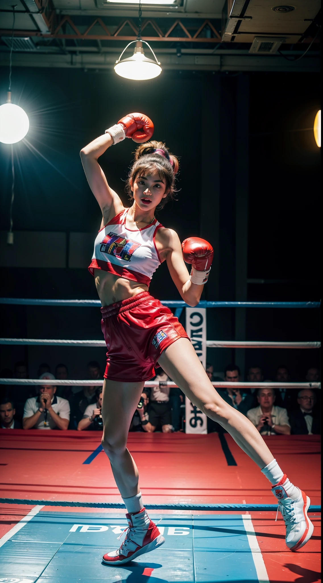 Boxing fashion, vibrant boxing scene, groovy style, nostalgic ambiance, energetic arcade floor:0.2 groovy image of a man sporting an 80s outfit, immersed in the vibrant atmosphere of a boxing. His attire reflects the fashion trends of the era, soft patterns. The arcade scene is alive with pulsating lights, a lively ring boxing floor, and people moving to the rhythm of the bate. The nostalgic ambiance transports viewers back to the vibrant and energetic era of the 80s, capturing the spirit of fun, freedom, and self-expression that defined the arcade culture, black short hair, midshot, centered image, ultra detail, extremely face detail, extremely eye detail, boxing gloves