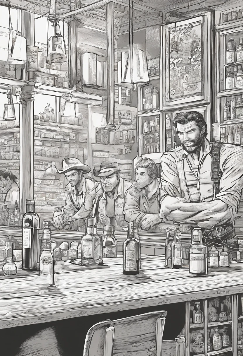 ((dois homens brigando dentro de um bar)), (estilo cowboy 0.8 ), (faroeste), (( desenhista John Buscema)), preto e branco,tons de cinza,Graycale, monocromatic, (Detalhes complexos), (Detalhes complexos, Ultra detalhe: 1.2), arte preto e branco, detalhes corrigidos, anatomia perfeita, luz e sombra, realismo, comicbook.