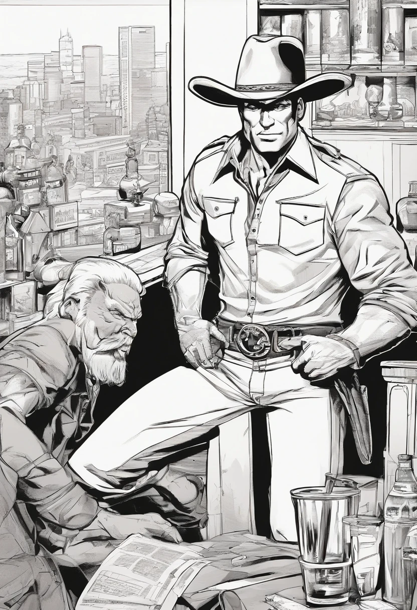 ((dois homens brigando dentro de um bar)), (estilo cowboy 0.8 ), (faroeste), (( desenhista John Buscema)), preto e branco,tons de cinza,Graycale, monocromatic, (Detalhes complexos), (Detalhes complexos, Ultra detalhe: 1.2), arte preto e branco, detalhes corrigidos, anatomia perfeita, luz e sombra, realismo, comicbook.