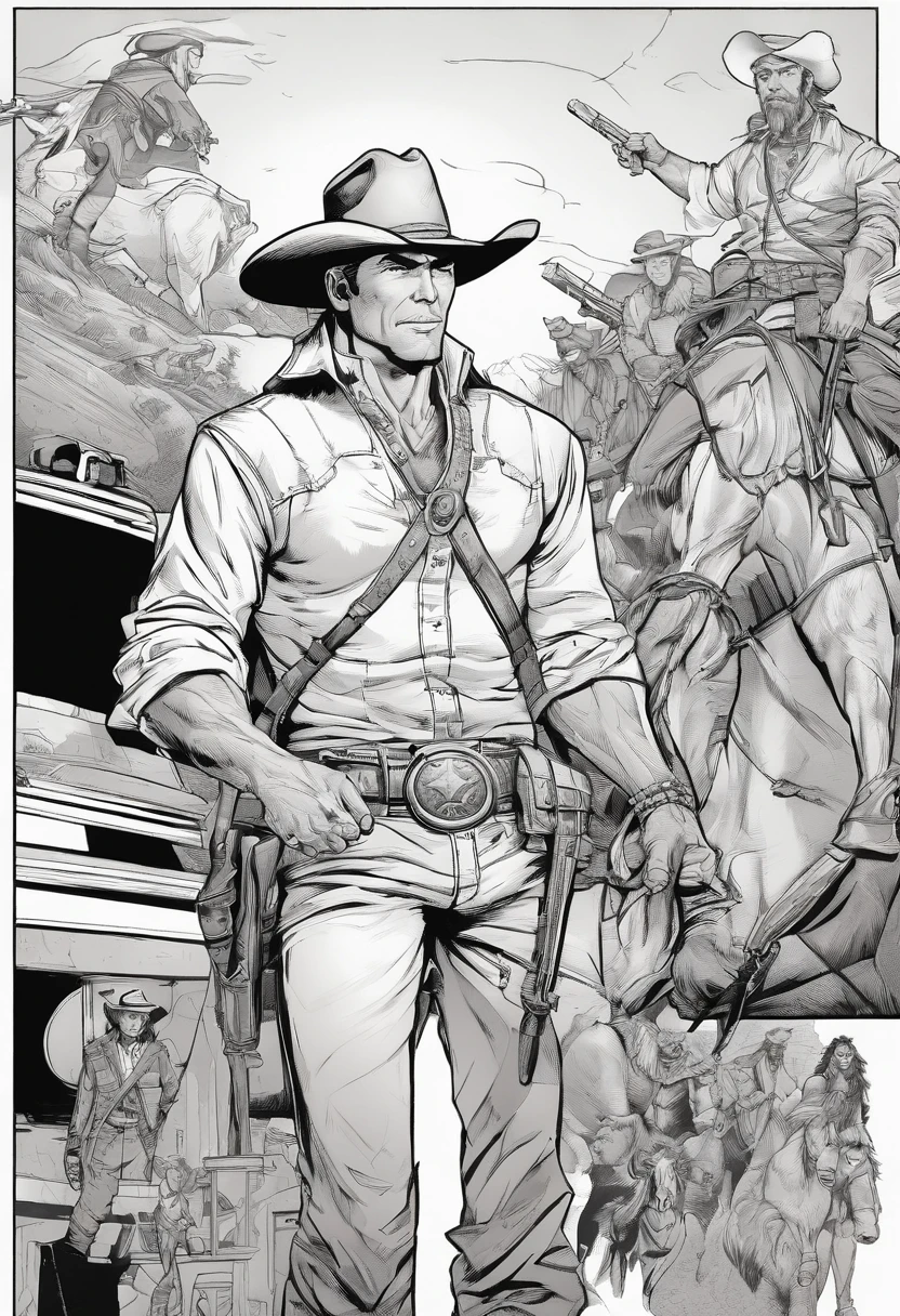 ((dois homens brigando dentro de um bar)), (estilo cowboy 0.8 ), (faroeste), (( desenhista John Buscema)), preto e branco,tons de cinza,Graycale, monocromatic, (Detalhes complexos), (Detalhes complexos, Ultra detalhe: 1.2), arte preto e branco, detalhes corrigidos, anatomia perfeita, luz e sombra, realismo, comicbook.