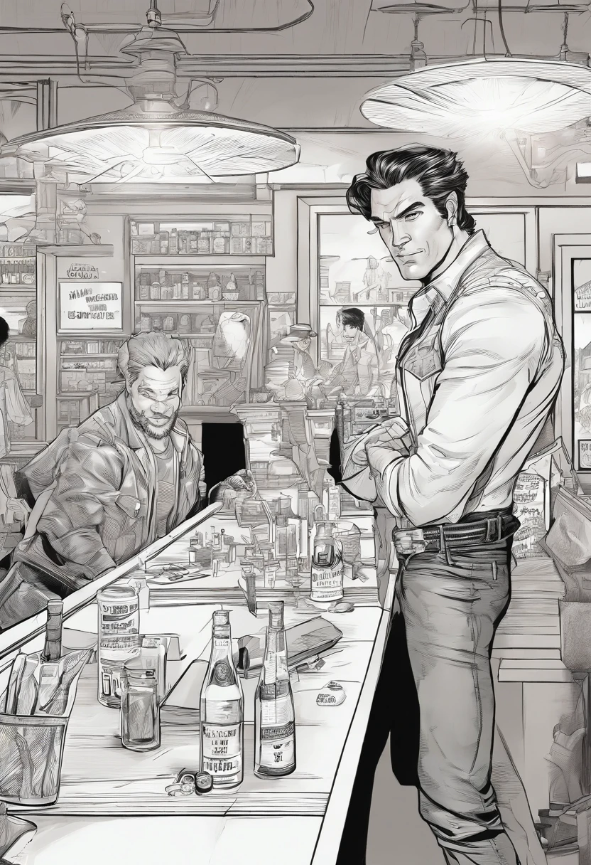 ((dois homens brigando dentro de um bar)), (estilo cowboy 0.8 ), (faroeste), (( desenhista John Buscema)), preto e branco,tons de cinza,Graycale, monocromatic, (Detalhes complexos), (Detalhes complexos, Ultra detalhe: 1.2), arte preto e branco, detalhes corrigidos, anatomia perfeita, luz e sombra, realismo, comicbook.