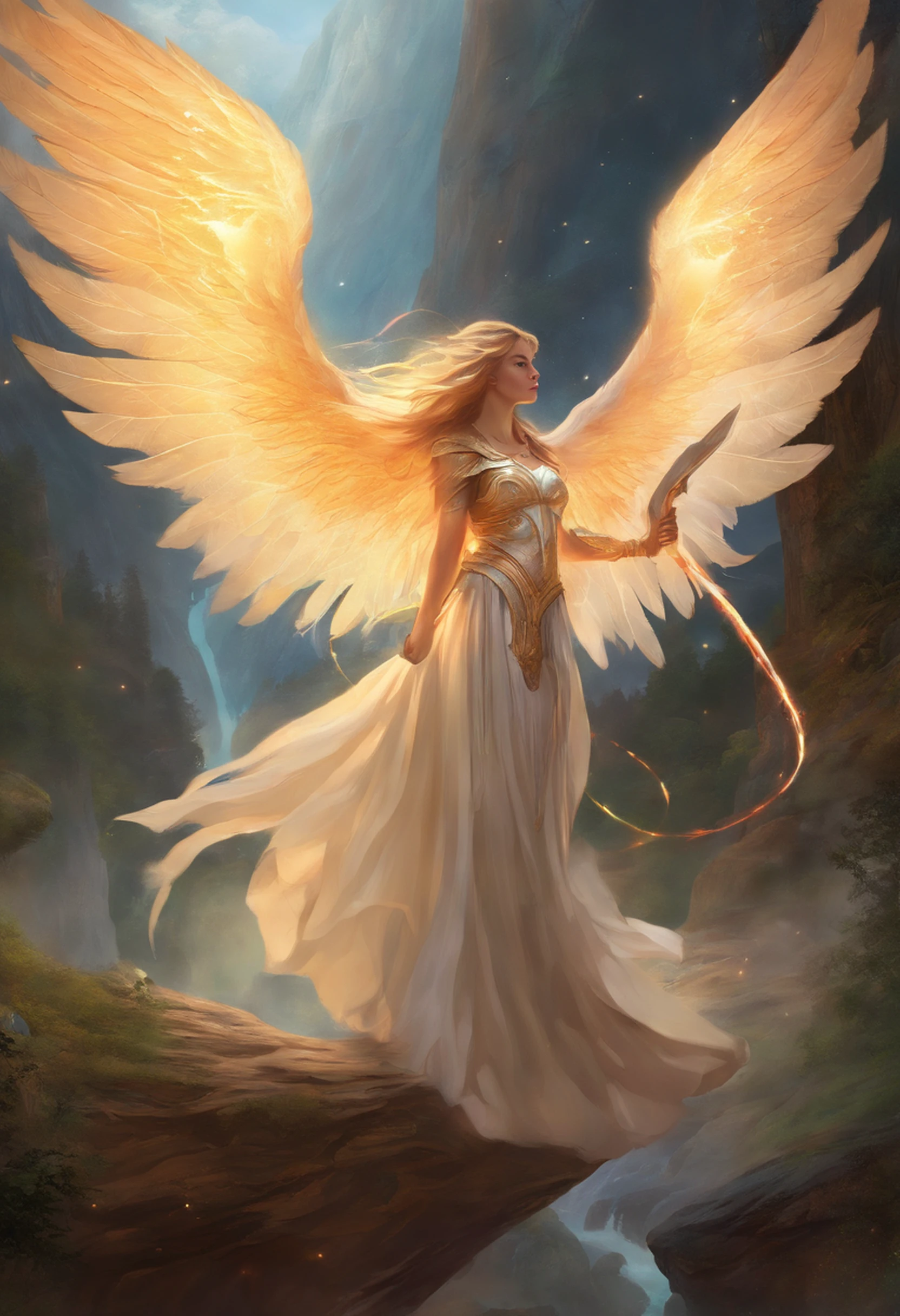 a far away landscape shot of a girl in causal clothing who's been reincarnated in spirit as an angel with beautiful wings, riding a buffalo, a beam of holy godray lights pieces falls gracefully from the heavens to bestow apon her whole being as she glows in the holy light and raises her holy sword with much power and strength