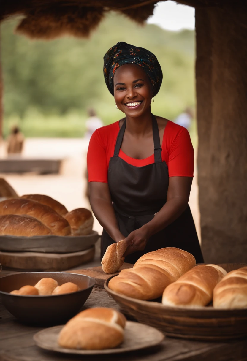 Foto realista, mulher negra, cabelos cacheados, Serving a warm bread with a beautiful smile