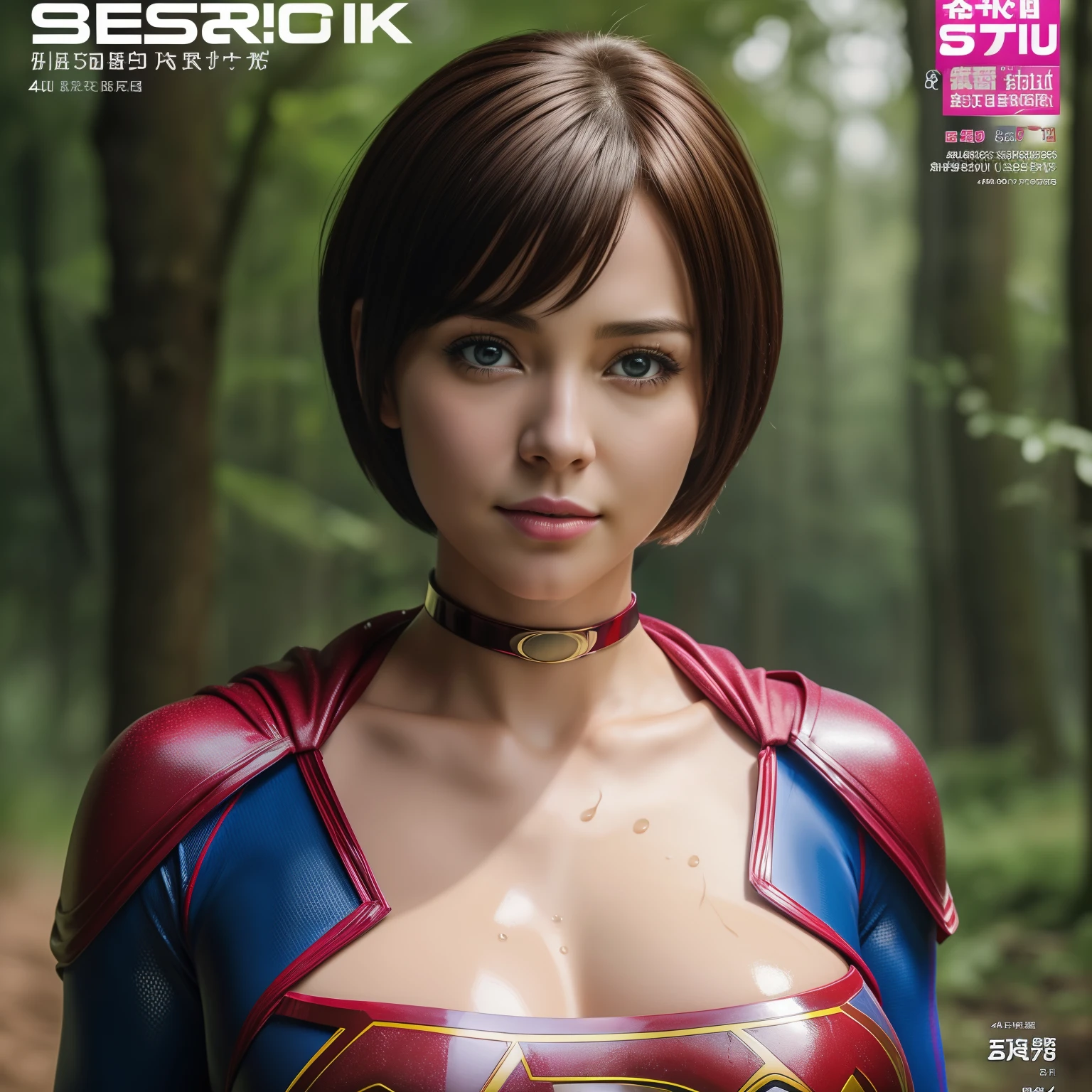 (Best Quality,4K,8K,hight resolution,masutepiece:1.2),Ultra-detailed,Realistic:1.37,Super masterpiece,Short-haired Supergirl addicted to a quagmire、large full breasts、Looking at the camera、Glossy costume、a choker、Covered in mud、Weekly magazine cover、Splattering droplets
