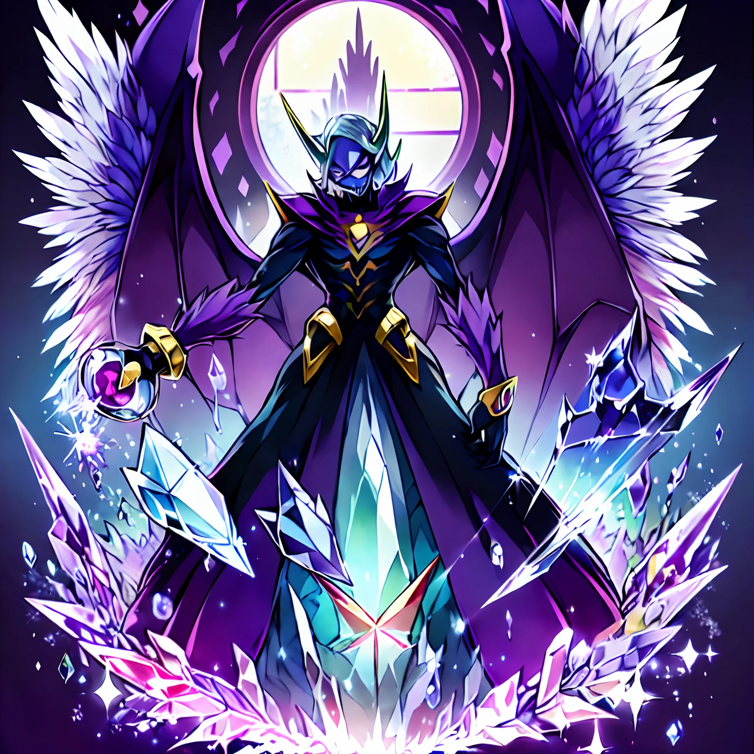 digimon \(creature\),masterpiece, best quality, Beautiful Art Style, 1boy, Solo,young man, ((Vil Schoenheit as a Digimon)), ((Evil queen from Snow White themed )),((Glass Wings)), ((Bird like)),((Purple Skin)),(( Blonde hair with a purple gradient))((White , Purple and Light blue color scheme)), (crystal) Dynamic pose, Mid transformation sequence , stylish pose, ((Evil))