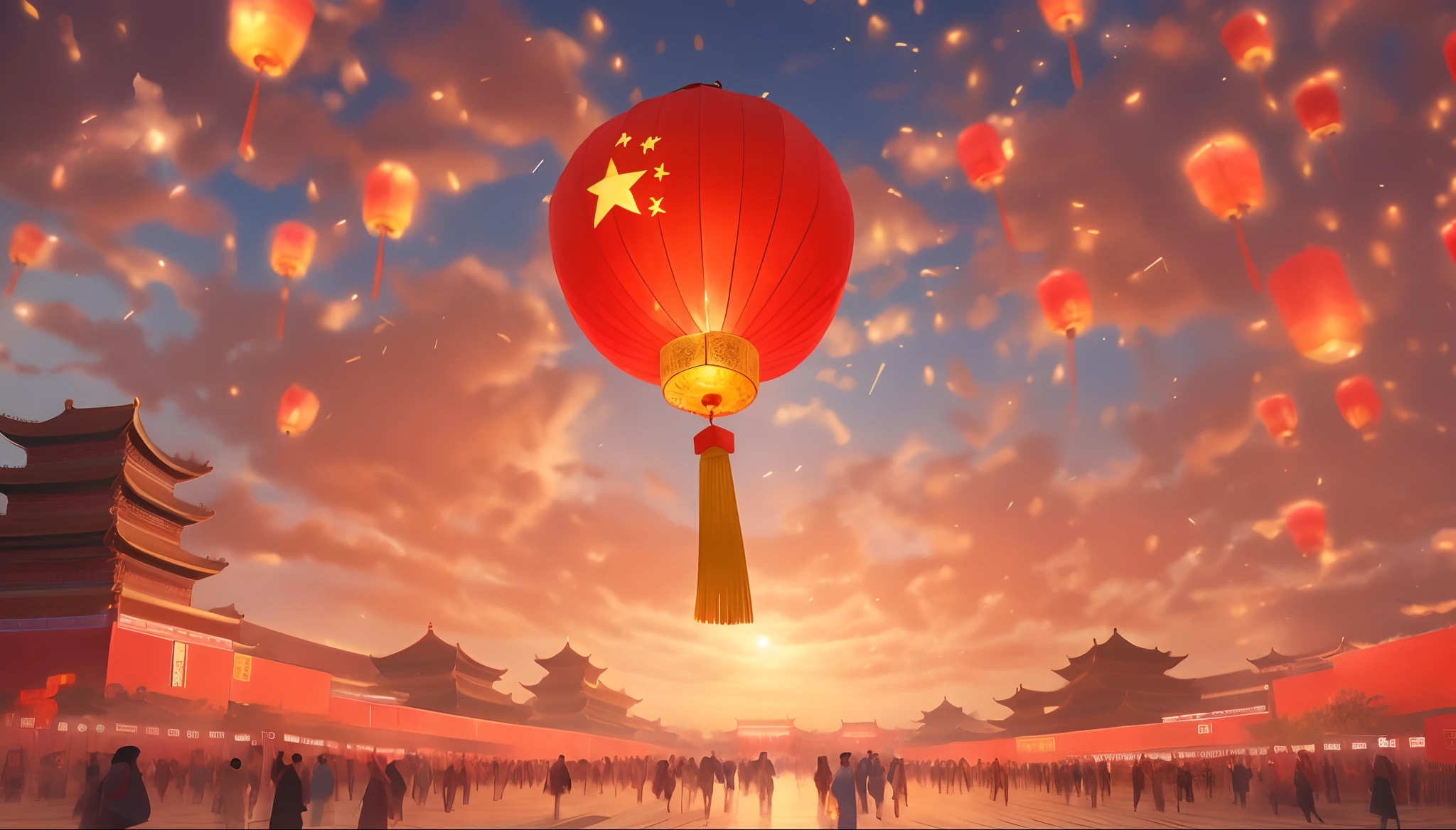 There are many people carrying lanterns, dreamland of chinese, Style Kong Ming lantern in the air, Beautiful rendering of the Tang Dynasty, Chinese watercolor style, beijing, Chinese lanterns, Chinese fantasy, Chinese style painting, Chinese painting style, chinese surrealism, author:Qu Leilei, golden hour in beijing,Celebrate National Day,Patriotic
