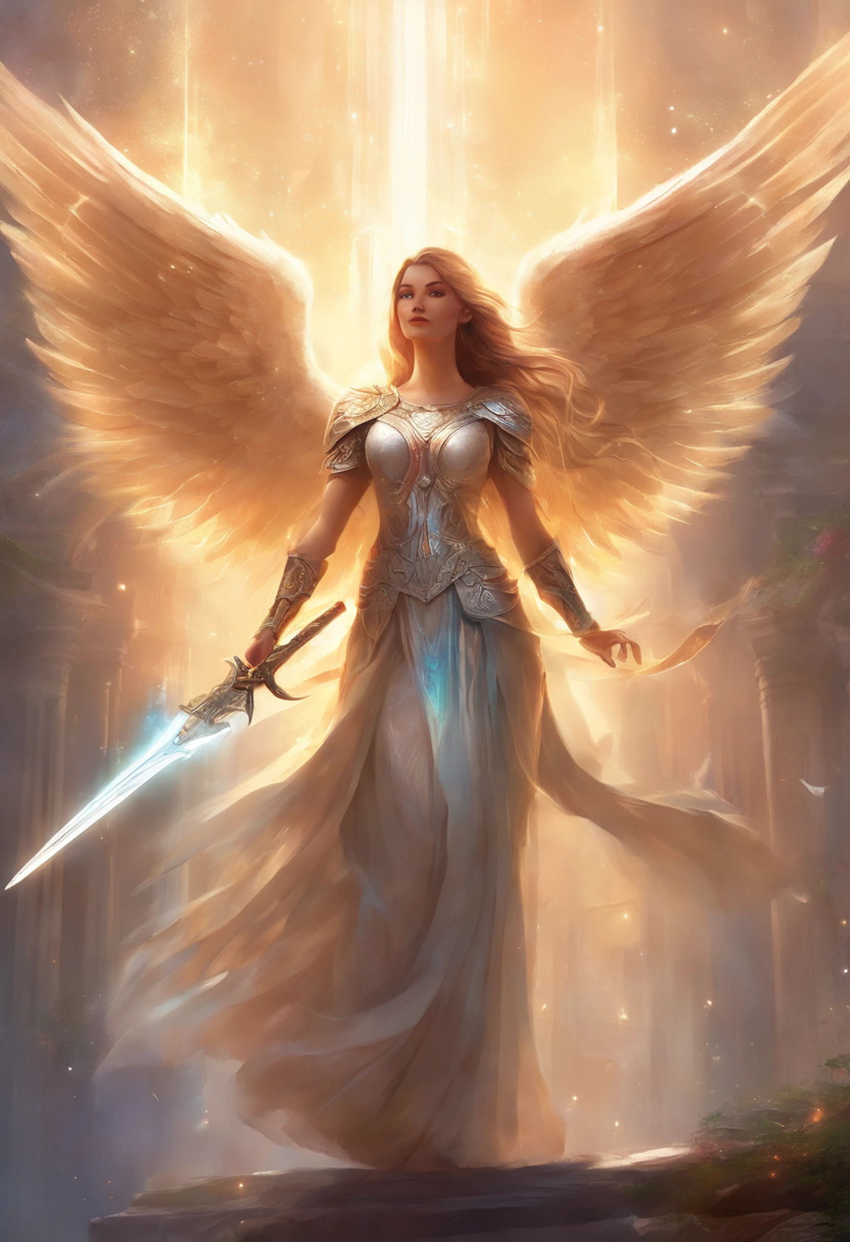 a girl in modern urbancausal clothing who's been reincarnated in spirit as an angel, a beam of holy godray lights bestow apon her whole being as she raises her holy sword with much strength