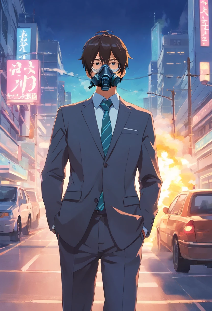 Man in suit and gas mask