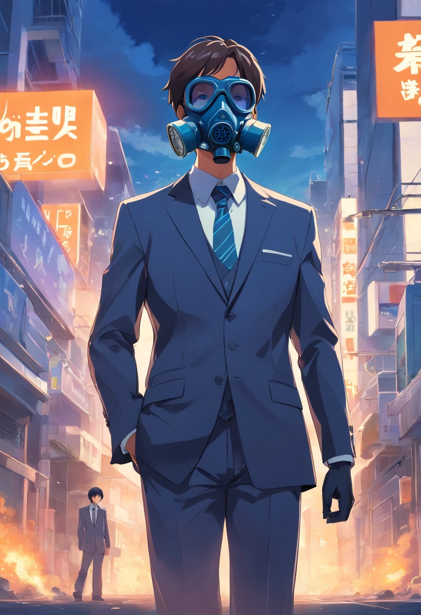 Man in suit and gas mask