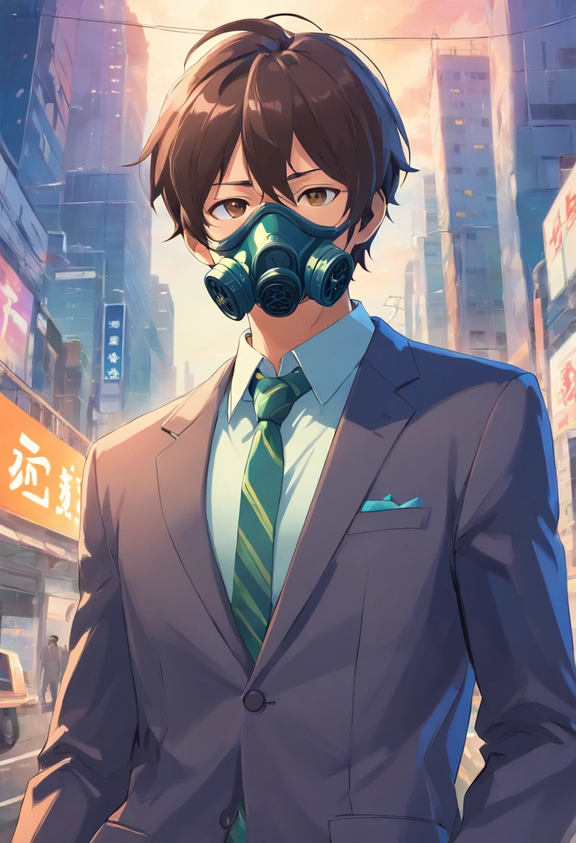 Man in suit and gas mask