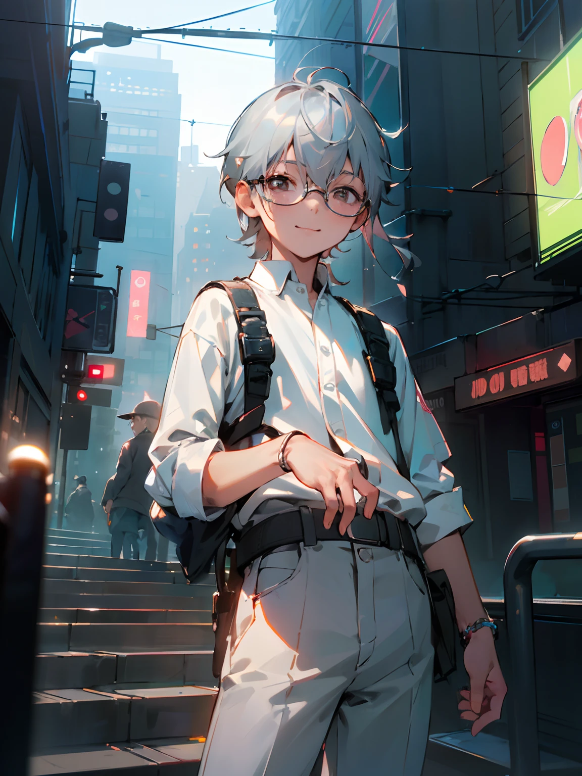 (morning), Male child, eye glasses,Soio, Look at the viewer,, Cowboy Shots, (down town), A smile, silber hair