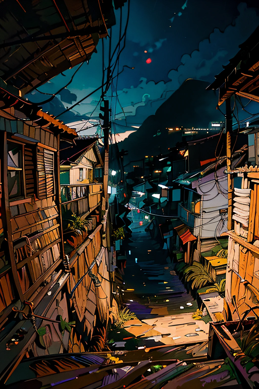 pintura digital expressiva ,barracos, feitos de madeira, Saffron and ochre huts in the greens of the soil of the Favela(rio de janeiro_favela), Empty action locations (Interlaced electrical wires. Paredes de tijolos expostos a lot)(view from the ground) (vista para o solo)