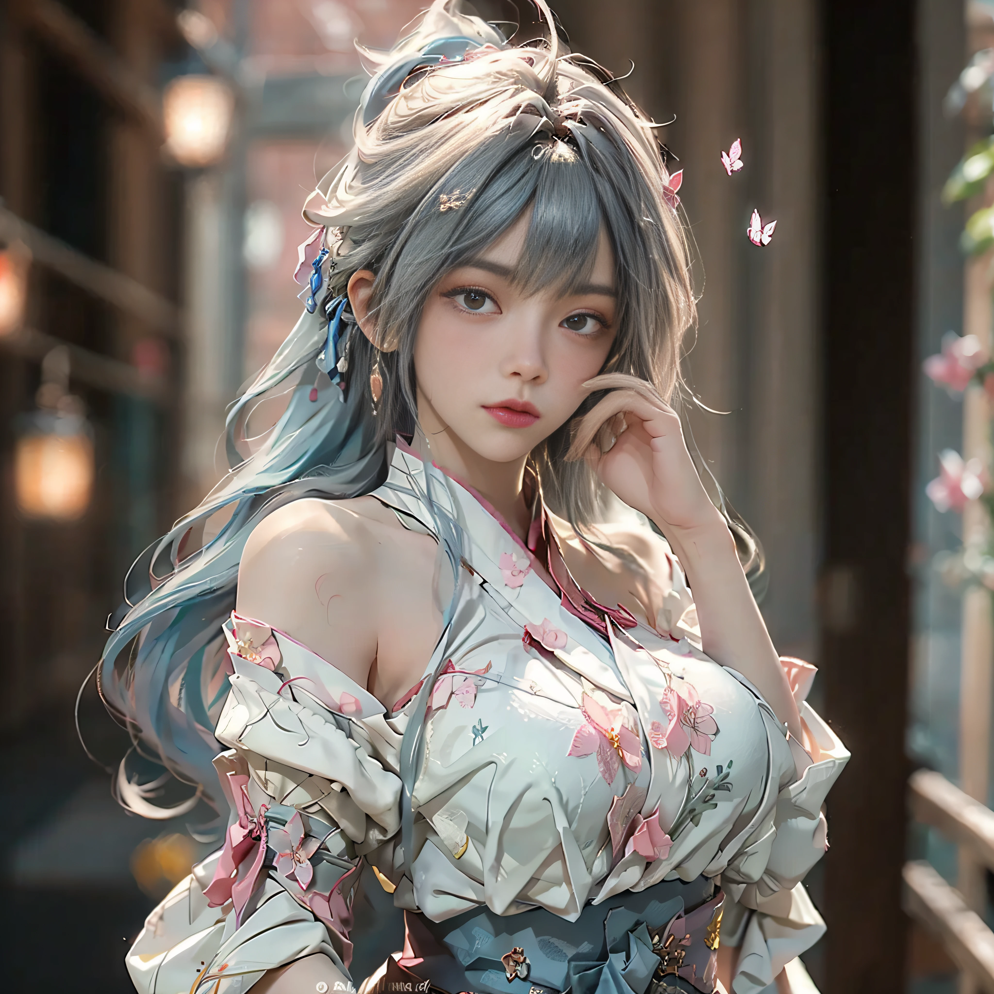 （（best qualtiy））， （（tmasterpiece））， （detail：1.4）， 。.。.。.3D， Beautiful cyberpunk female images，nffsw（HighDynamicRange），Ray traching，NVIDIA RTX，Hyper-Resolution，illusory 5，Sub-surface scattering，PBR Textures，post processed，Anisotropic filtration，depth of fields，maximum definition and sharpness，multi-layer texture，Albedo e mapas Speculares，Surface Coloring，Mitsu-Accurate simulation of material interactions，Perfectly proportioned，rendering by octane，Two-colored light，Large aperture，Low ISO，White Balance，Rule three points、8K raw data、Beautiful bright pupils，Off-the-shoulder clothing，Fine pupils，Delicate face and eyes，long eyeslashes，Blushlush，Delicate and fluffy hair，Pink lips，pure，Cute big breasts，Sweet girl，Artistic sense，Casual wear，Advanced Sense，butterflys，Cherry blossom petals，Beautiful Hair Accessories　（（Jeizuo））），（（（best qualit））），（（ultra-detailliert）），（A hyper-realistic），（High Definition CG Illustration），Movie Light，Lifelike，（ganyu），Very beautiful young lady，Whirlwind，A bell hangs on his chest，（Beautiful face and lips），Light makeup，Intricate Details EBA，lightblue hair，blue cloak，Popular on ArtStation，Big thighs，full body Esbian、A bell hangs on his chest　　huge udder　High exposure、Japan holding a sword in your hand、Japanese dress、Colossal tits
