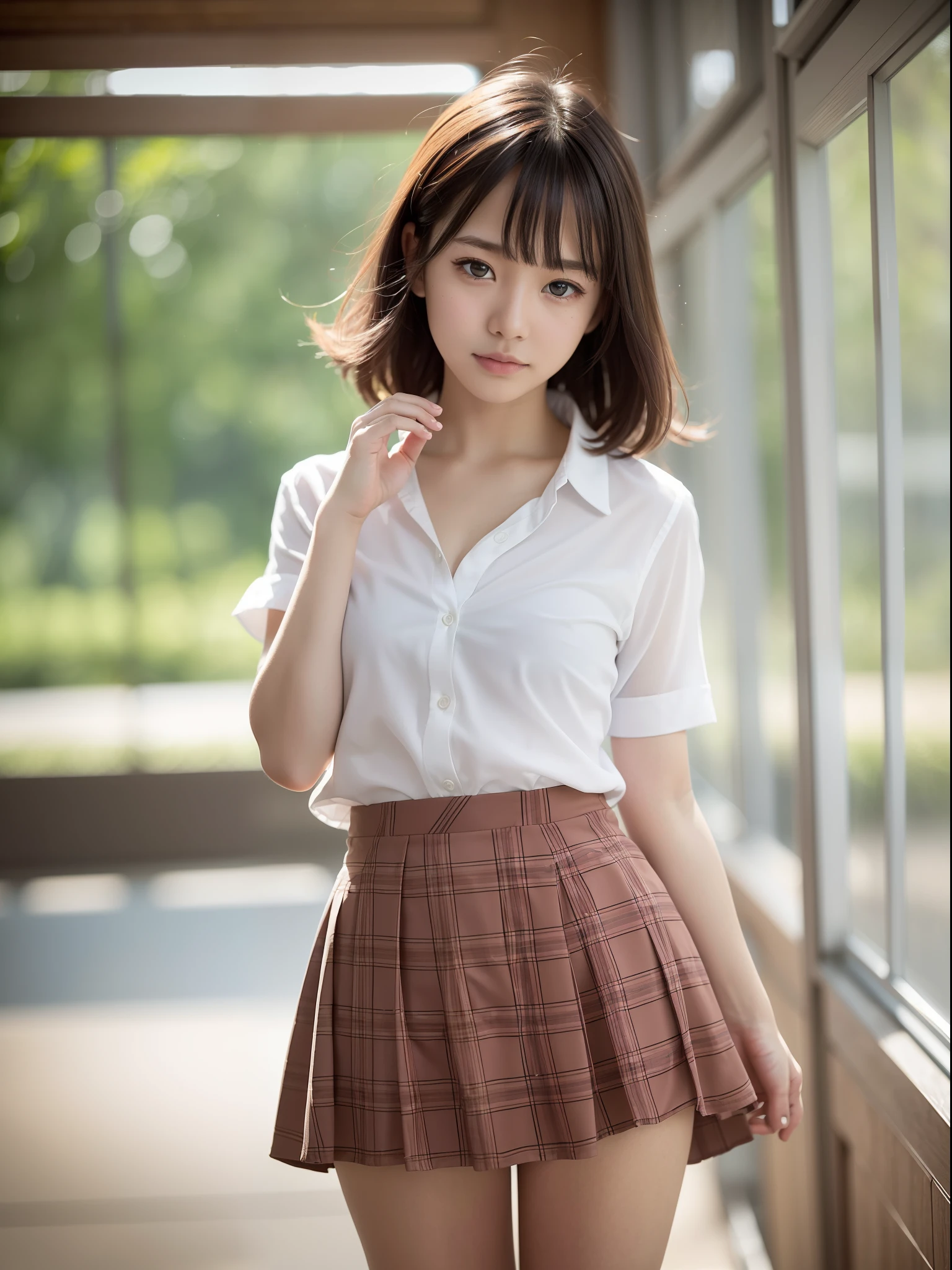 ((of the highest quality, 8K, masutepiece: 1.3, Raw photo)), Sharp Focus: 1.2, (1 AESPA Girl :1.1), Solo, (Realistic, Photorealistic: 1.37), (Face Focus: 1.1), Cute face, hyperdetailed face, short messy hair, small breasts, flat chest, (chiffon shirt: 1.2), (Roll up the skirt, See all panties: 1.3), wind, standing, Classroom, depth of fields, Bokeh in the background, Cattleya