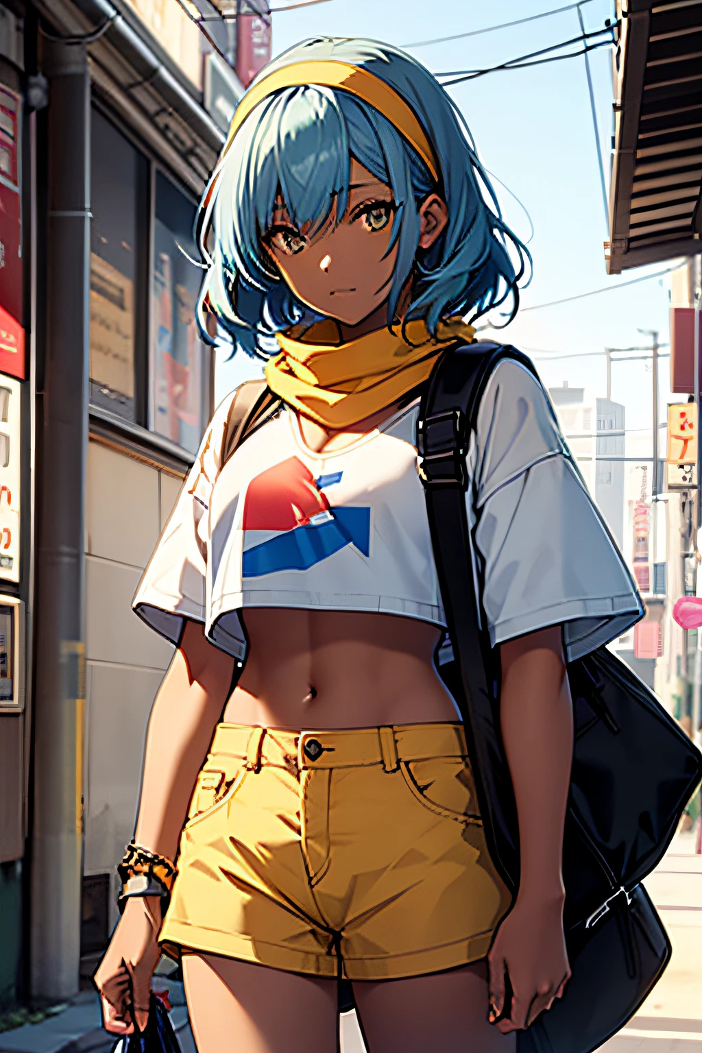 Female, Blue Hair, Brown skin, yellow Crop top, white shorts, Blue bandana