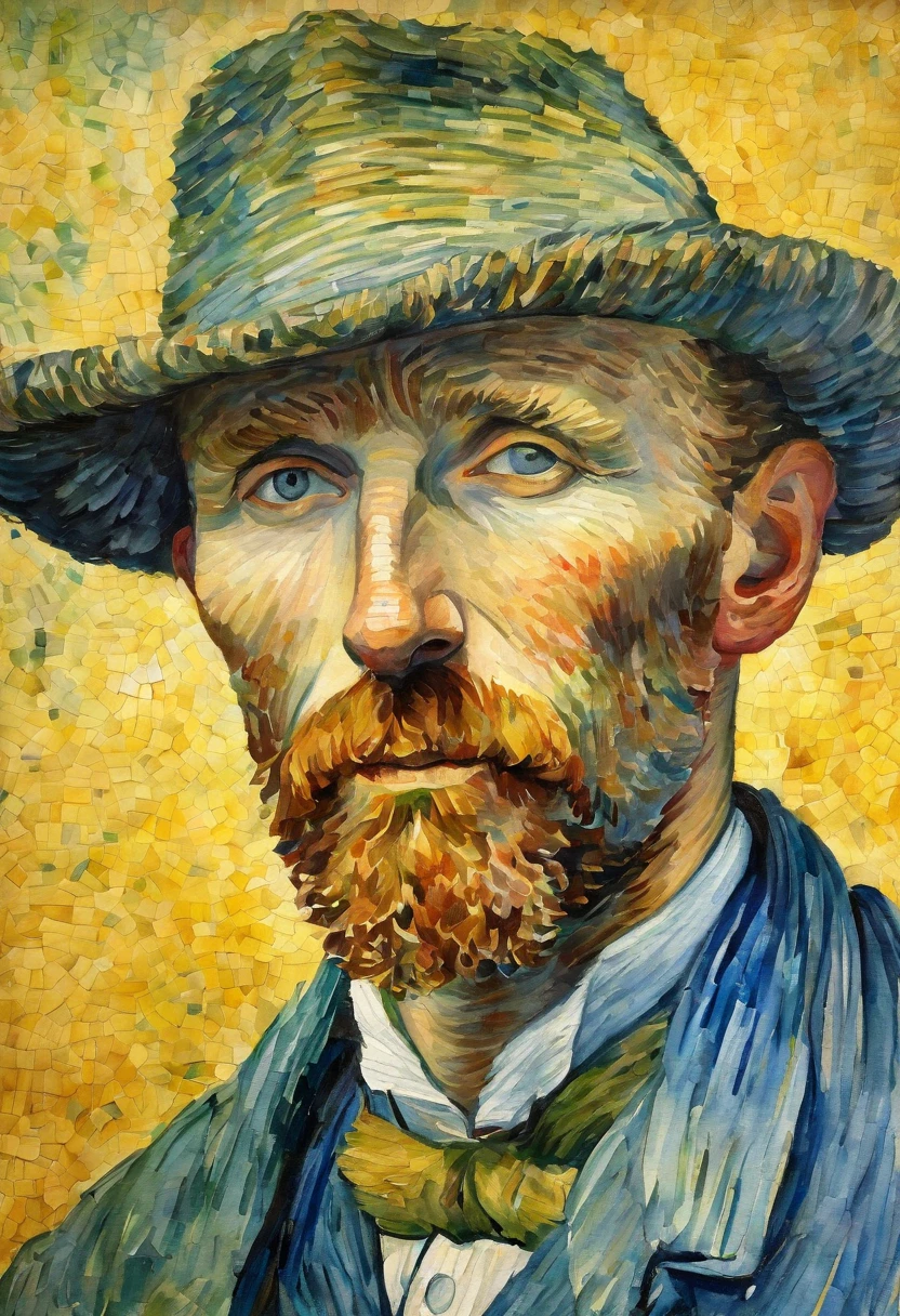 Van Gogh's self-portrait::style Pointillism style、It is made up of various large and small things、Clear dots of color、Highly detailed ::n_style Anime、Photorealsitic、Deformed、glitched、highcontrast、noisy ::seed 1000